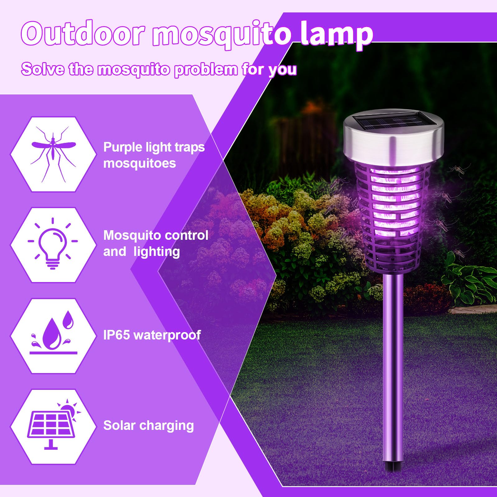 4 Stück Solar Insektenvernichter Outdoor Mückenvernichter Lampe Wasserdicht Gitter Mückenschutz Killer Zapper mit Hochspannung Elektrisch für Garten Terrasse Hof (Lila Licht, Silber)