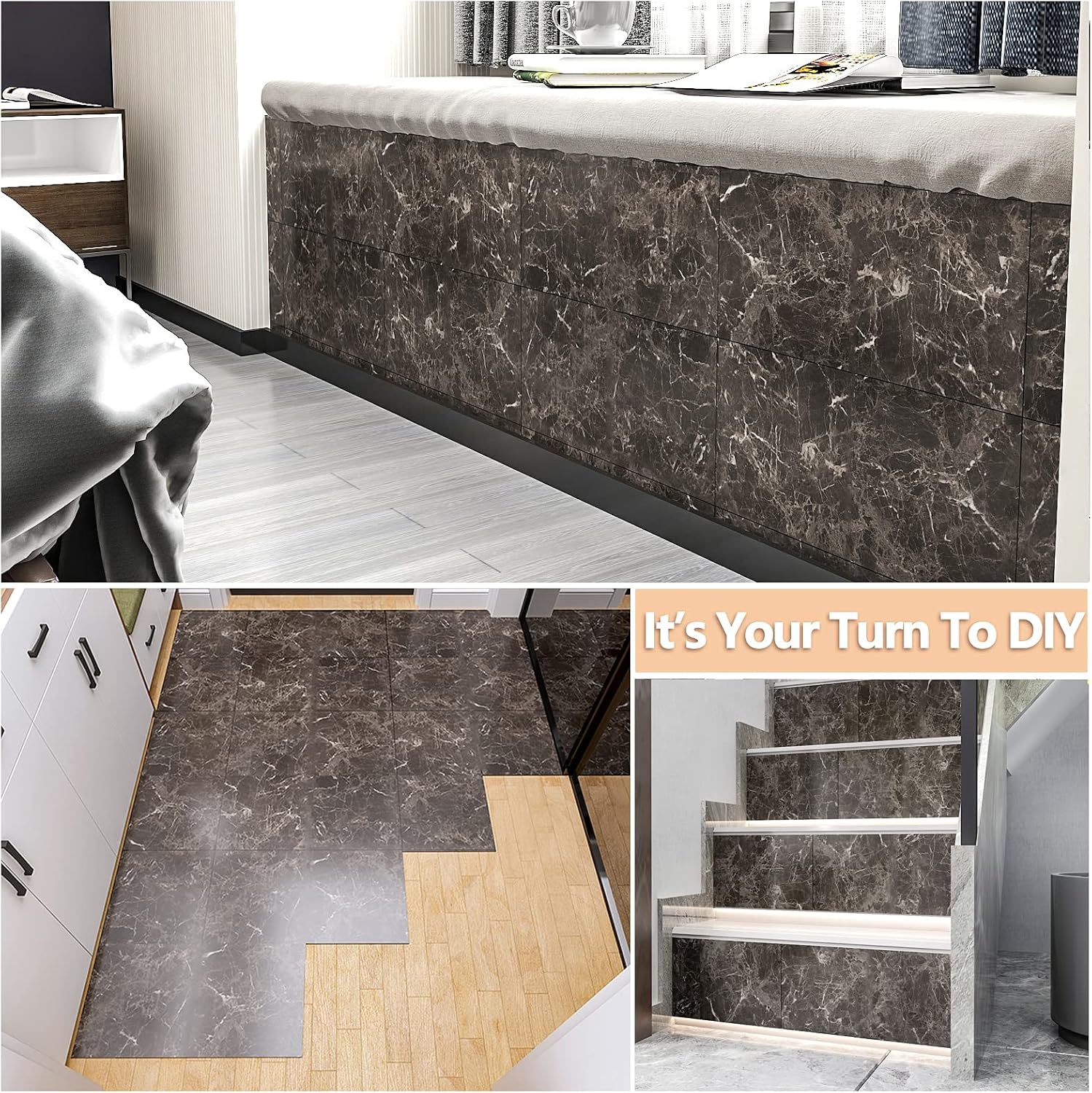 VEELIKE 12 Pack Dark Brown Peel and Stick Flooring Waterproof Self Adhesive Marble Peel and Stick Floor Tile for Bathroom Kitchen 12''x24'' Stick on Floor Tiles Brown Vinyl Flooring for Bedroom RV