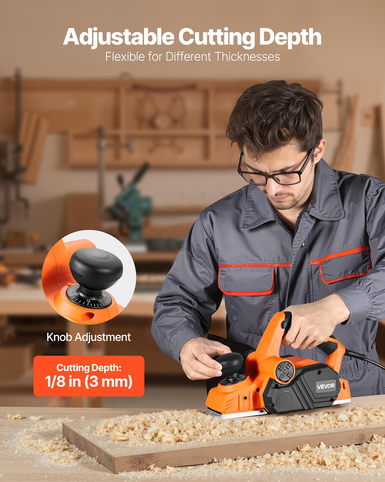 VEVOR Cepilladora Eléctrica con Cable Ancho de Corte de 82 mm, 900 W, 14500 RPM, Cepilladora de Madera, Profundidad de Corte Ajustable, Ideal para Carpintería, Biselado, Bricolaje, Acabado Liso