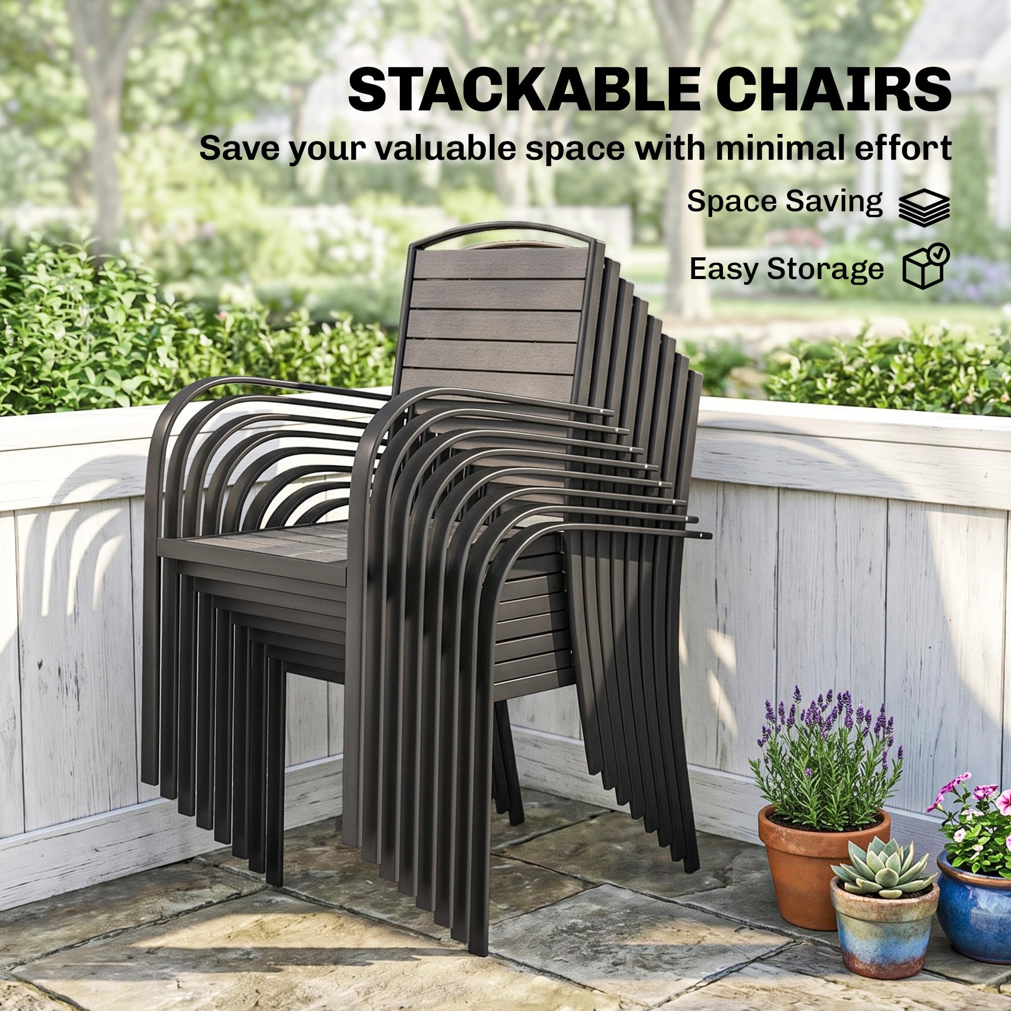 Outsunny Set Tavolo e Sedie da Giardino 9 Pezzi Pranzo Allungabile Grigio | Piano in Plastica-Legno, 8 Sedie a Doghe, Struttura in Alluminio, per Terrazza Balcone