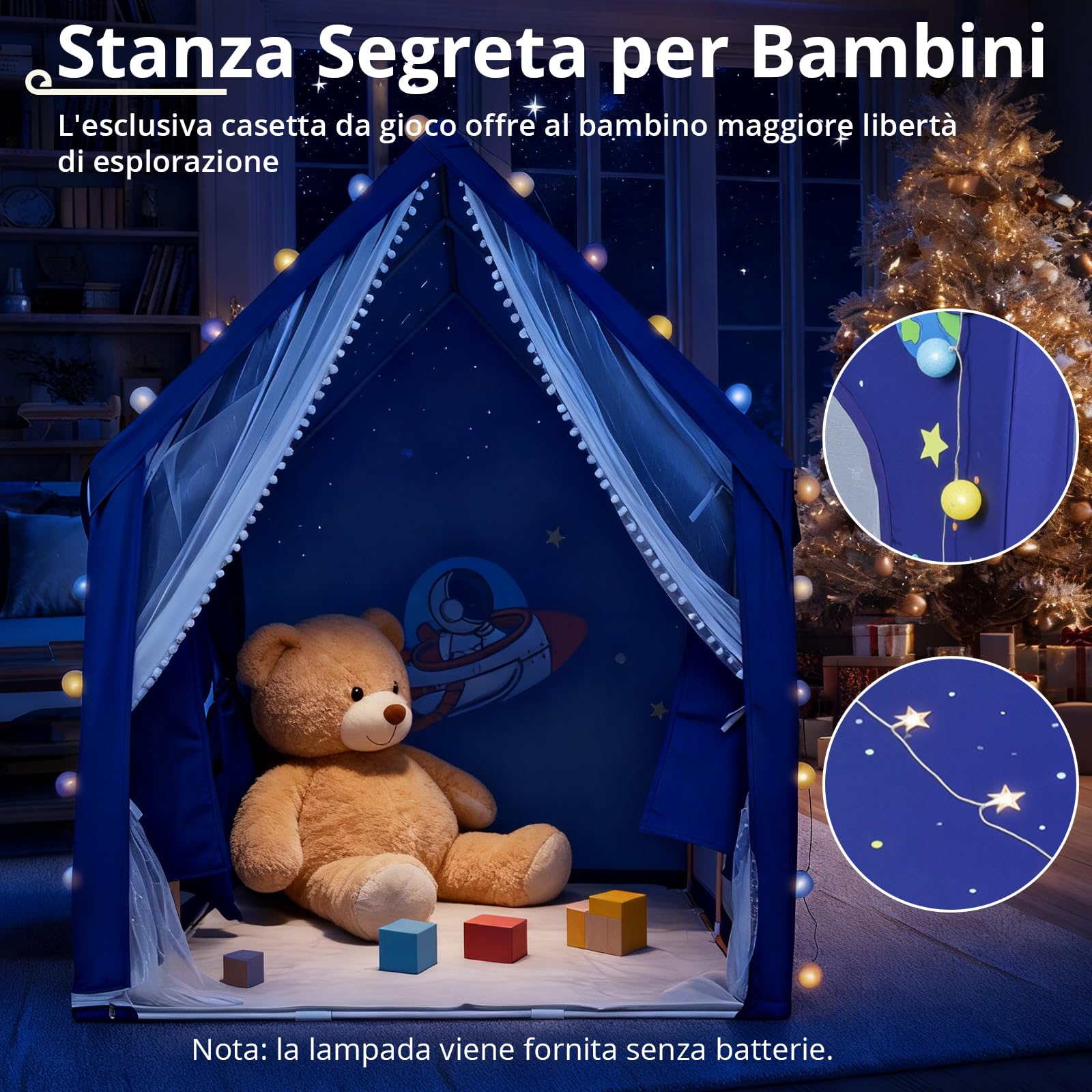 Tenda da Gioco per Bambini a Tema Spaziale con Luci LED a Stelle | Capanna di Grandi Dimensioni 160×105×128cm per Interno ed Esterno con 2 Porte e Tappetino Antiscivolo, Montaggio in 15 Minuti