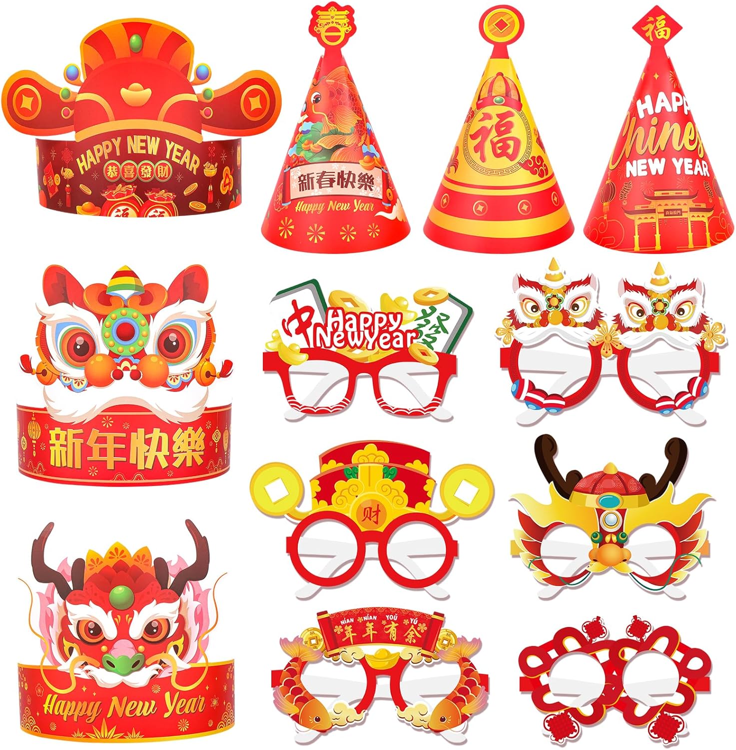 DPKOW 24pcs 2024 Chinese New Year Party Glasses Hats, Novelty Party