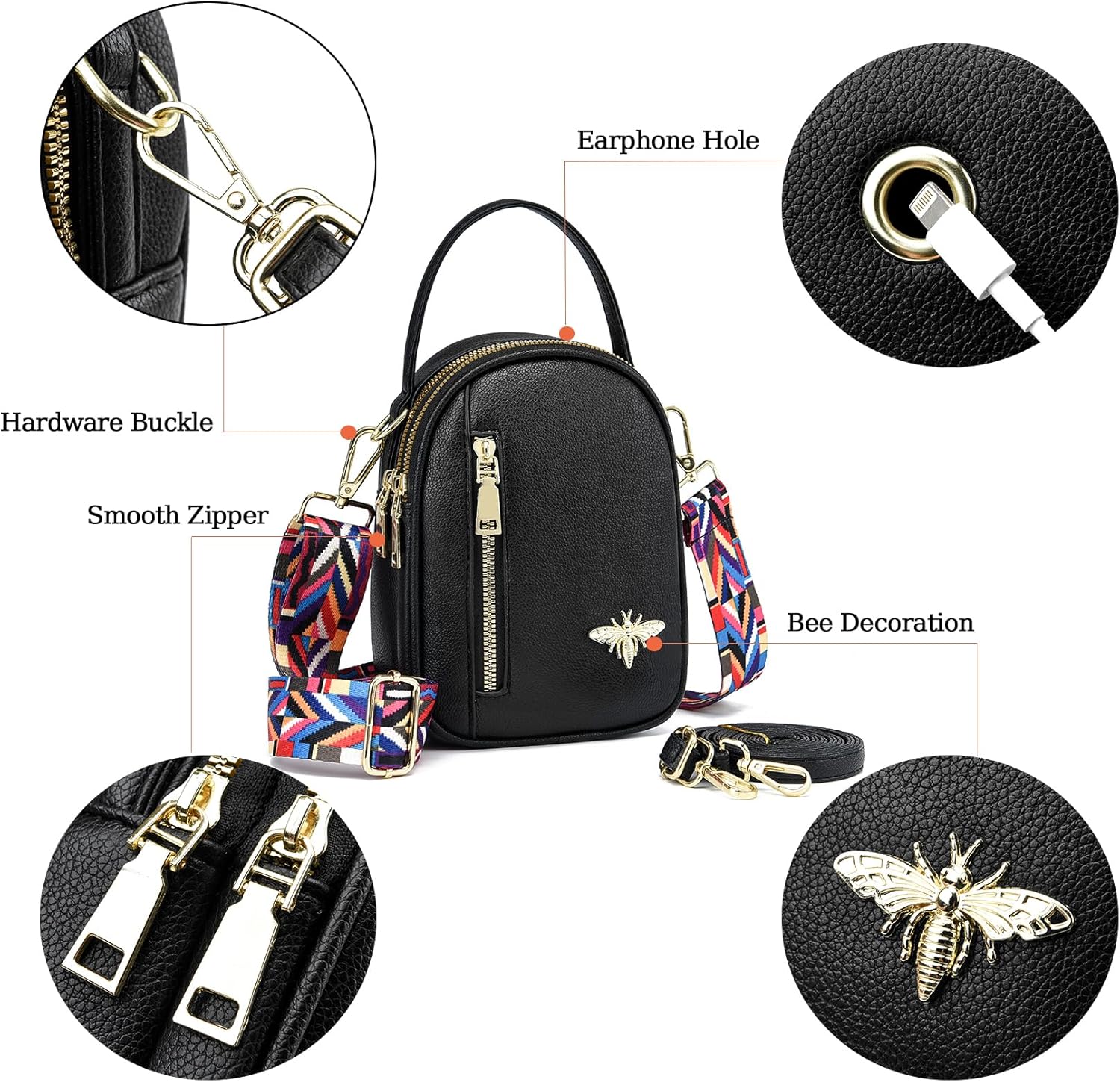 Miniatura 6 de Bolso cruzado pequeño para mujer con 2 correas de bolsa, bolsos de abeja de diseño, bolso de mano de moda para teléfono celular, bolso de hombro