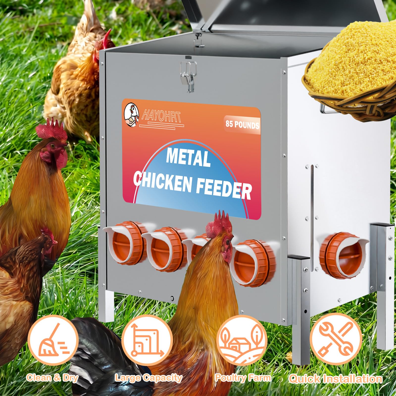 Alimentador automático de pollos de 85 libras, 6 puertos, alimentador de pollo alimentado por gravedad grande con patas ajustables, pestillo de ventana y mango para pollos, bantamos, faisanes