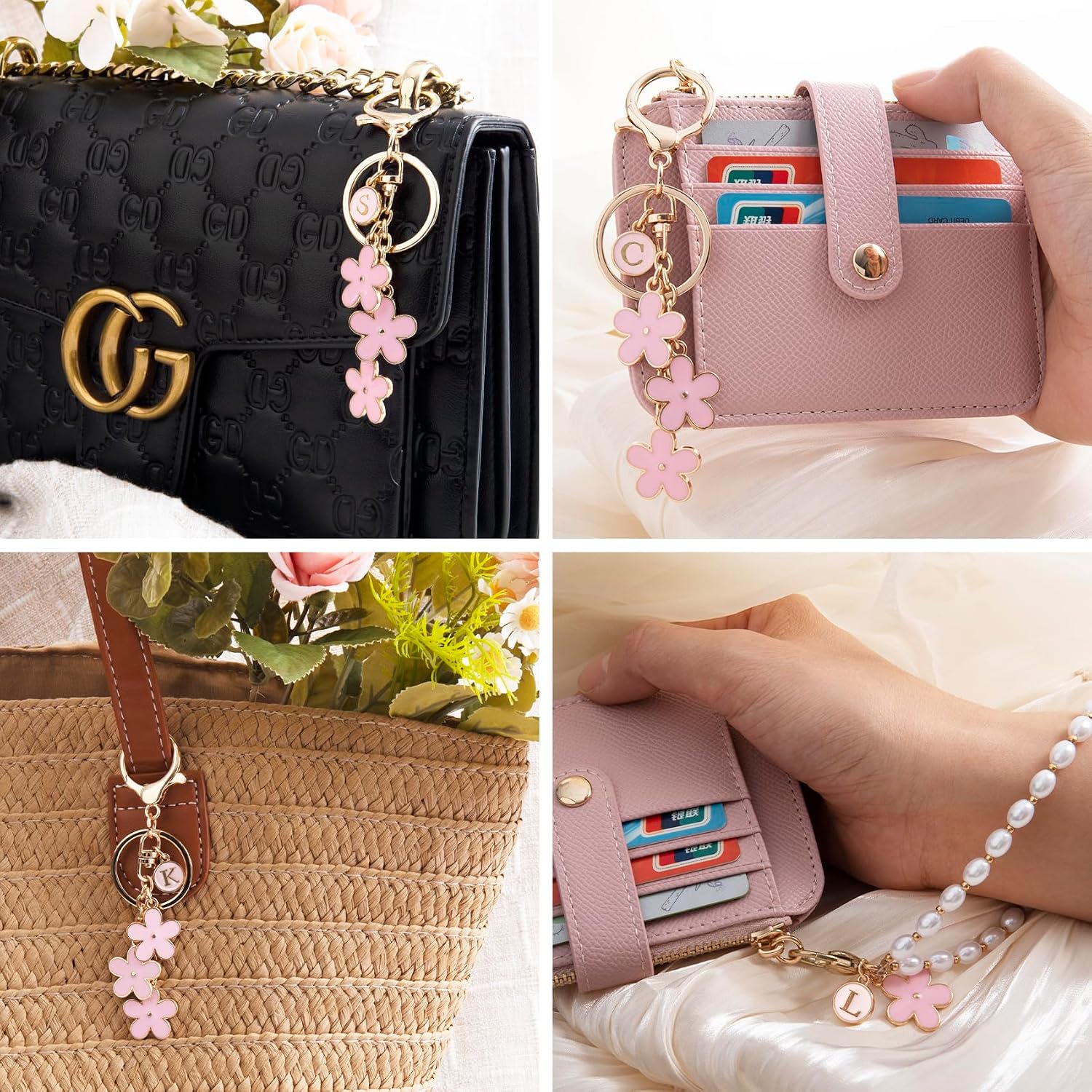3PC Initial Letter Keychain Cute Pink Flower Key Chain Car Bag Purse Backpack Stanley Charms image 3
