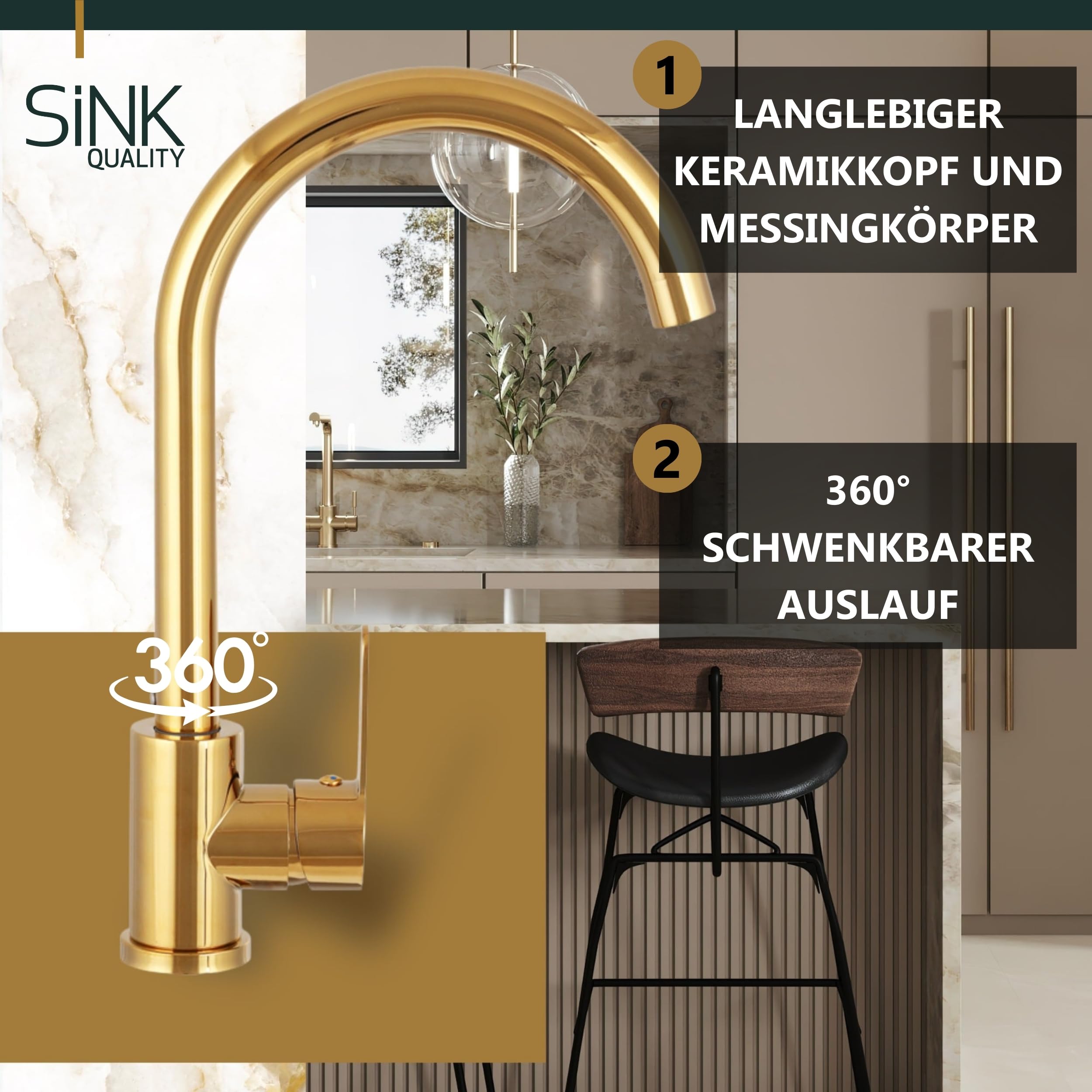 SINK Quality zlewozmywak biały z armaturą 56 x 51 cm – zlewozmywak z kranem, deska do krojenia, syfon, złoty, ociekacz, środek impregnujący – kompletny zestaw do szafki pod umywalkę 60