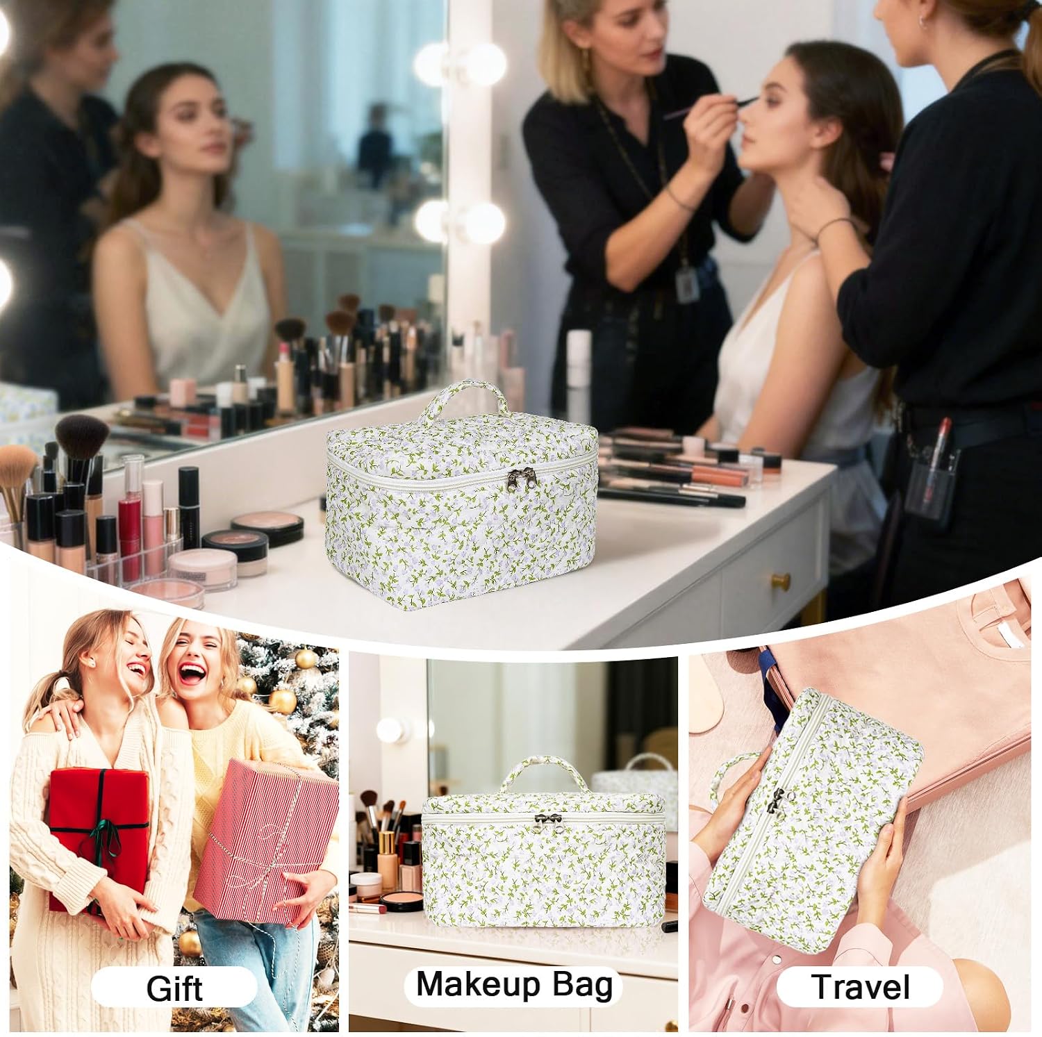Gosect 1pc Large Makeup Bag, Cute Cosmetic Bag for Women Girls, Floral Coquette Aesthetic Toiletry Bag, Travel Make Up Organizer Bag (Purple Floral Print thumbnail