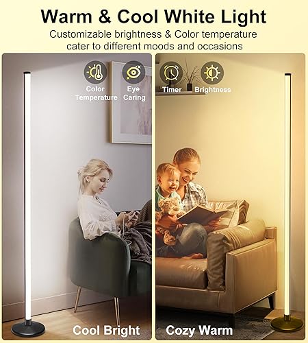 Vista 10 de Lámpara de pie de esquina, lámpara de pie LED RGB inteligente con base luminosa, 21W 1800LM lámpara de pie súper brillante con aplicación y control