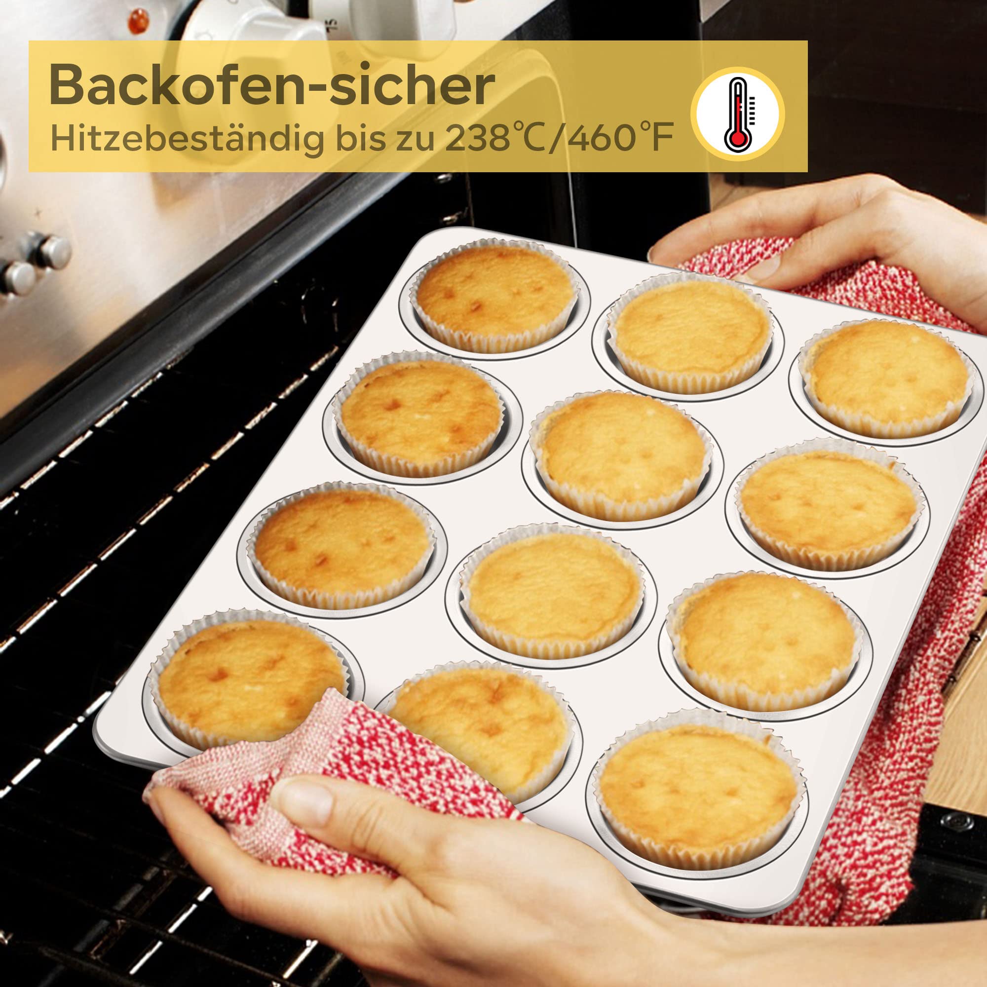 Joyfair Moule à muffins en acier inoxydable pour 12 muffins, moules à muffins 35 x 27 cm, moule à muffins pour cupcakes, brownies, pudding, gâteaux, non toxique et sain