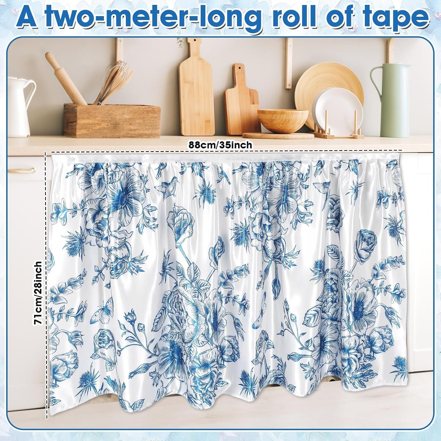Wiooffen Cabinet Curtains 28 x 34.6 in Sink Skirt for Bathroom Kitchen Under Desk Privacy Drape Self Adhesive Closet Dishwasher Table Curtains for Home Laundry Room Farmhouse Rustic Decor Blue Flower