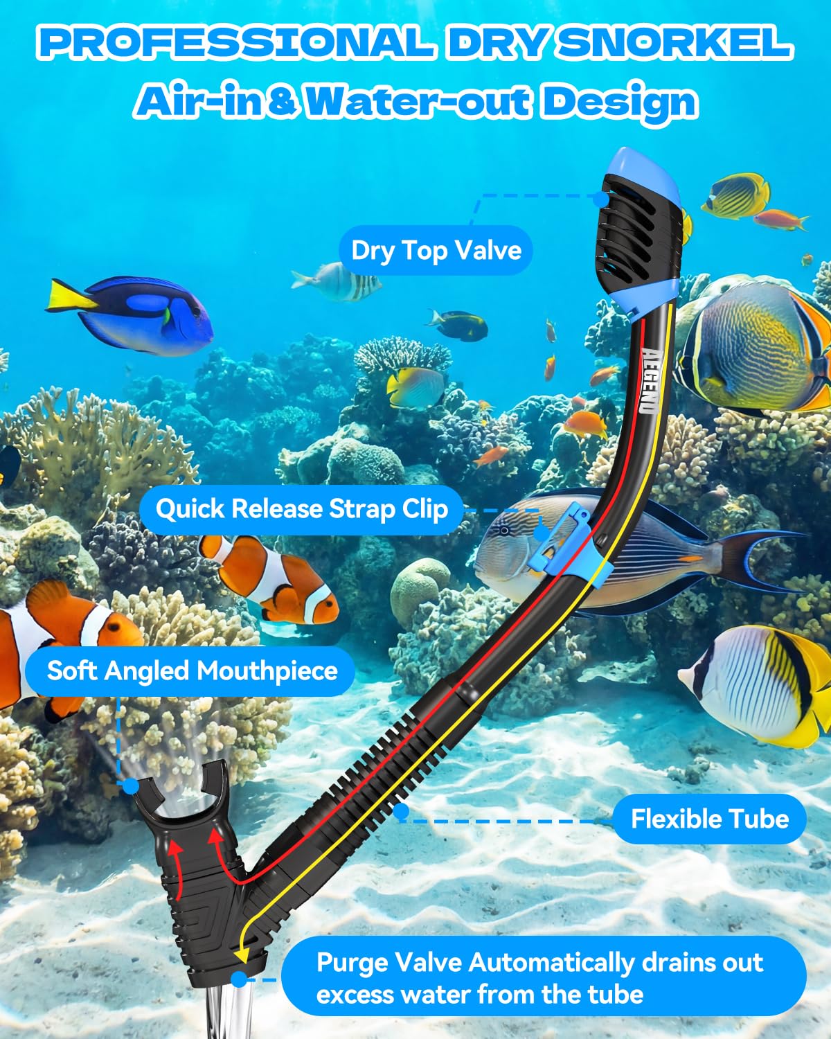 Aegend Attrezzatura da snorkeling per bambini e ragazzi, maschera subacquea anti-appannamento, pinne regolabili e boccaglio asciutto, kit completo per snorkeling, immersioni, immersioni subacquee e