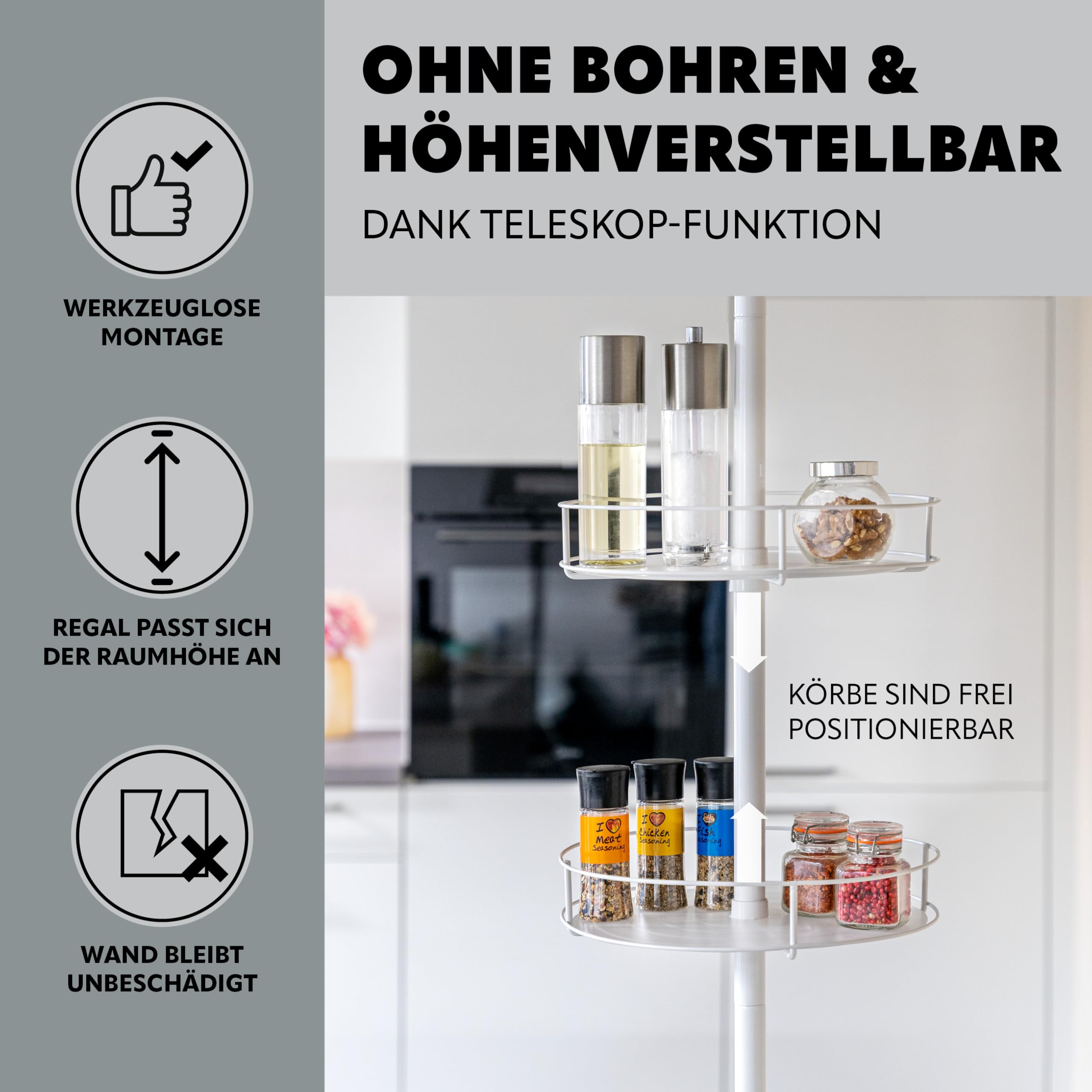 bremermann Teleskop-Küchenregal mit 3 Körben und 2 Haltern für Geschirrtücher, ideal für Gewürze, Öle, Küchenutensilien uvm., höhenverstellbar bis max. 290 cm, aus Metall (Weiß)