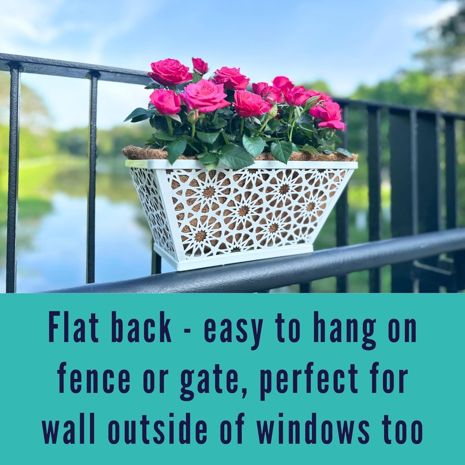 LaLaGreen Window Boxes Planters for Outdoor Plants (2 Pack, 12 Inch) White Metal Small and Cute Fence Rectangular Hanging Planters Flower Box with Coco Liner, Horse Troughs Balcony Deck Railing Porch