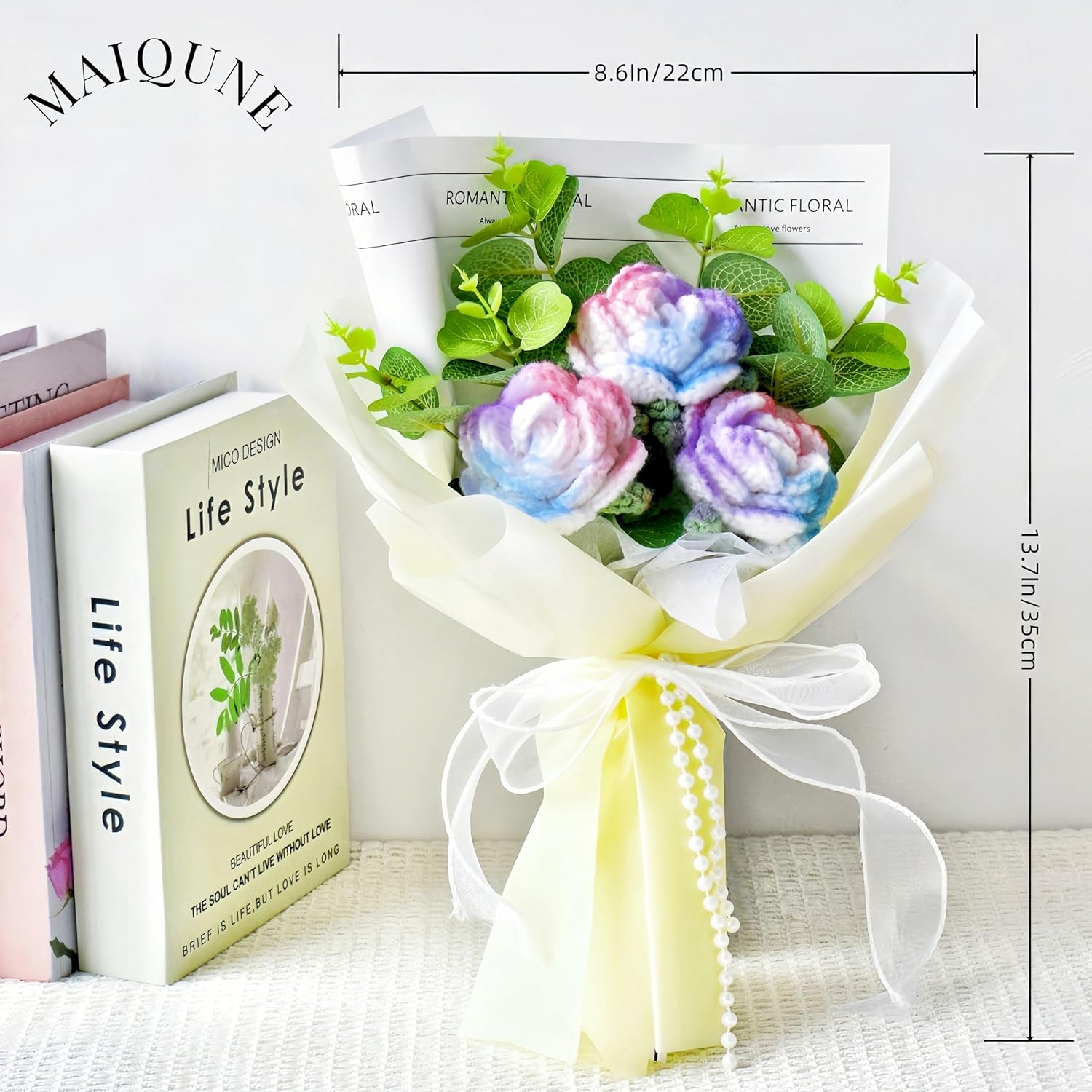 MAIQUNE Crochet Flower Bouquet,Handmade Knitted White Rose Bouquet,Yarn Art Flowers,Crocheted Artificial Flowers Gifts for Mom Valentine's Day Mother's Day Birthday Wedding Home Decor (Gradual Rose) - Image 4