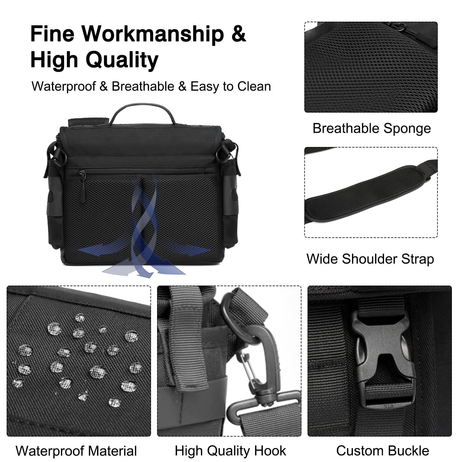 FANDARE Umhängetasche Herren Arbeitstasche Aktentasche Tragetasche Junge Schultertasche Männer Laptoptasche für 12.9 Zoll mit Multi-Tasche für Reise Schule Hochschule Arbeit Schulranzen Schwarz
