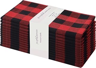PurpleEssences Buffalo Plaid Cloth Napkins - Mitered Corners - Christmas Holiday Winter - Gingham Check Dinner Napkin - Set of 12-100% Cotton - 18x18 Inch - Reusable Washable - Red and Black