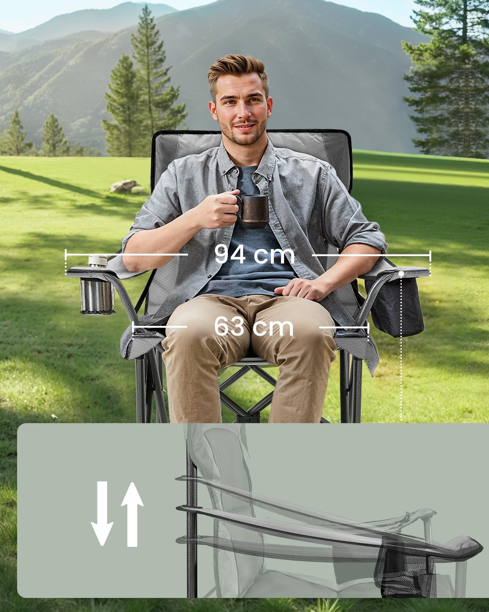 SONGMICS Krzesło kempingowe, składane krzesło z uchwytem na kubek, krzesło wędkarskie, piankowa wyściółka, składane, nośność do 205 kg, krzesło ogrodowe, wysokie oparcie