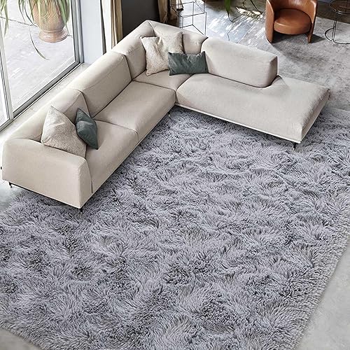 FinRèc 9x12 Feet Rugs for Living Room Bedroom, Soft Light Grey Fluffy Area Rug, Non-Slip Solid Shag Rug for Nursery Kids Room Dorm Room Home Decor, Indoor Floor Carpet