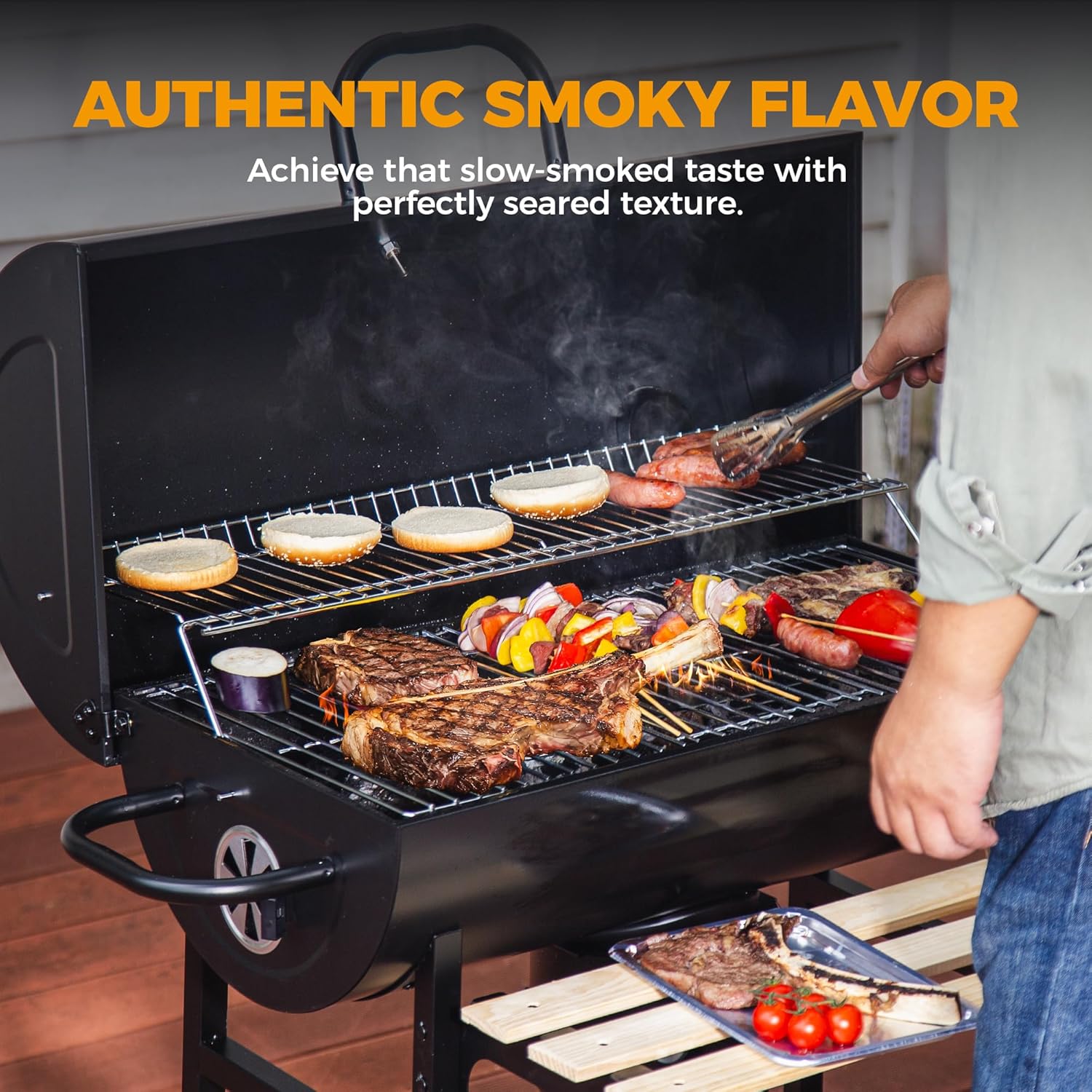 MASTER COOK Barrel Charcoal Grill with Foldable Front Wood Shelf, 686 Sq.in. Cooking Area Outdoor bbq Grill, Thermometer and Adjustable Air Vents for Backyard, Patio, Parties, Tailgating, Black