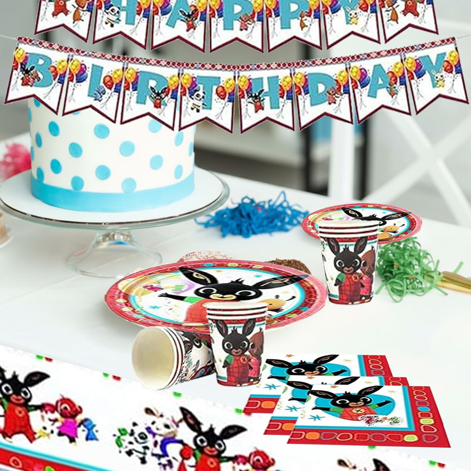 82 Pezzi Bunny Stoviglie per Feste di Compleanno，Addobbi Compleanno Bunny，Tovaglia，Striscione，Piatti Carta，Adatto a 20 persone