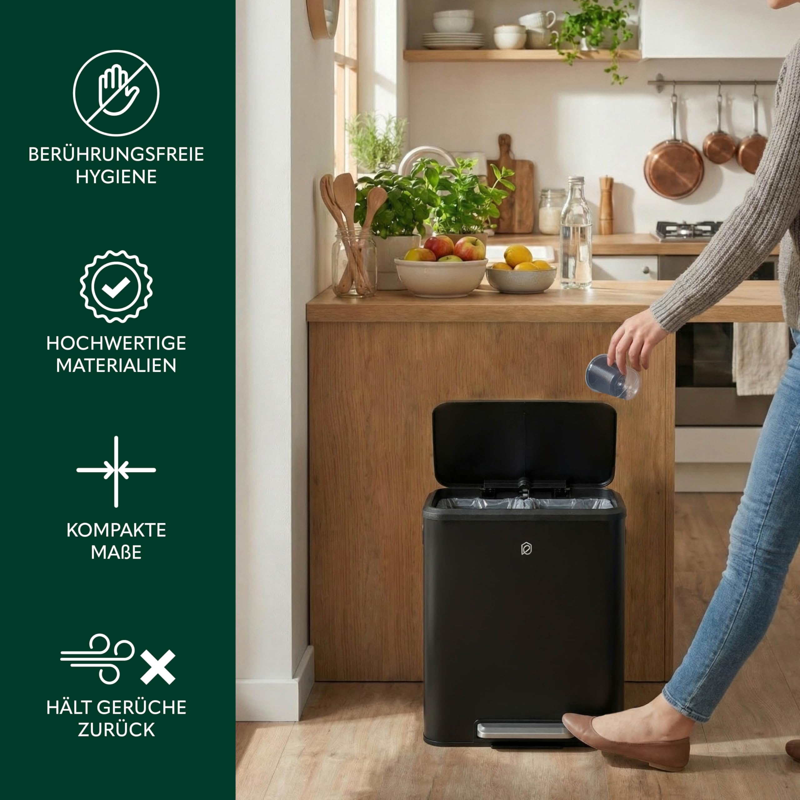eluno Abfalleimer, Treteimer - 2 Fächern mit je 15 Liter Fassungsvermögen, herausnehmbare Inneneimer aus Kunststoff, seitliche Griffe, großes Fußpedal, Mülltrennsystem, Soft-Close Deckel (Schwarz)