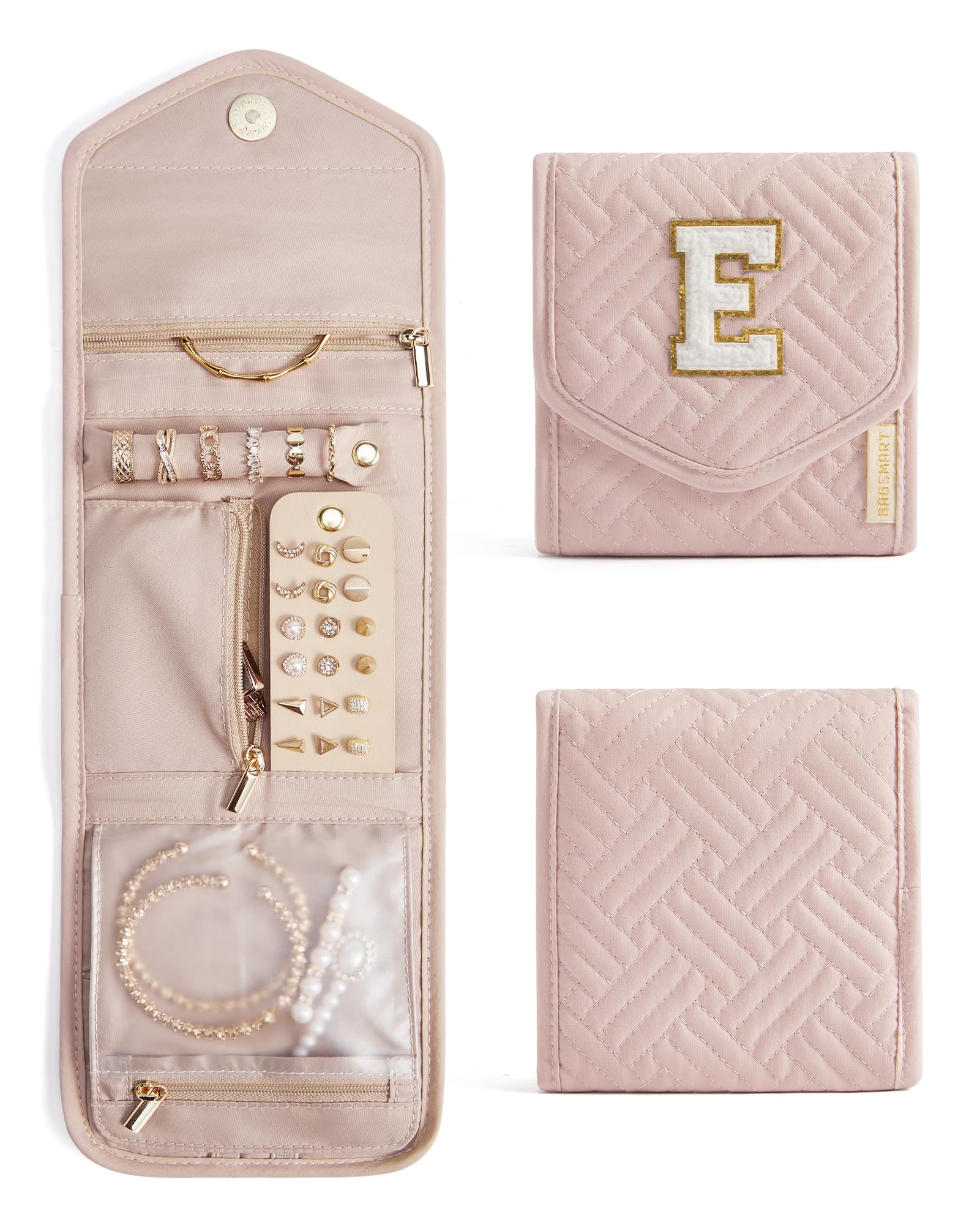 BAGSMART Travel Jewelry Organizer Case E Initial Jewelry Roll,Soft Pink