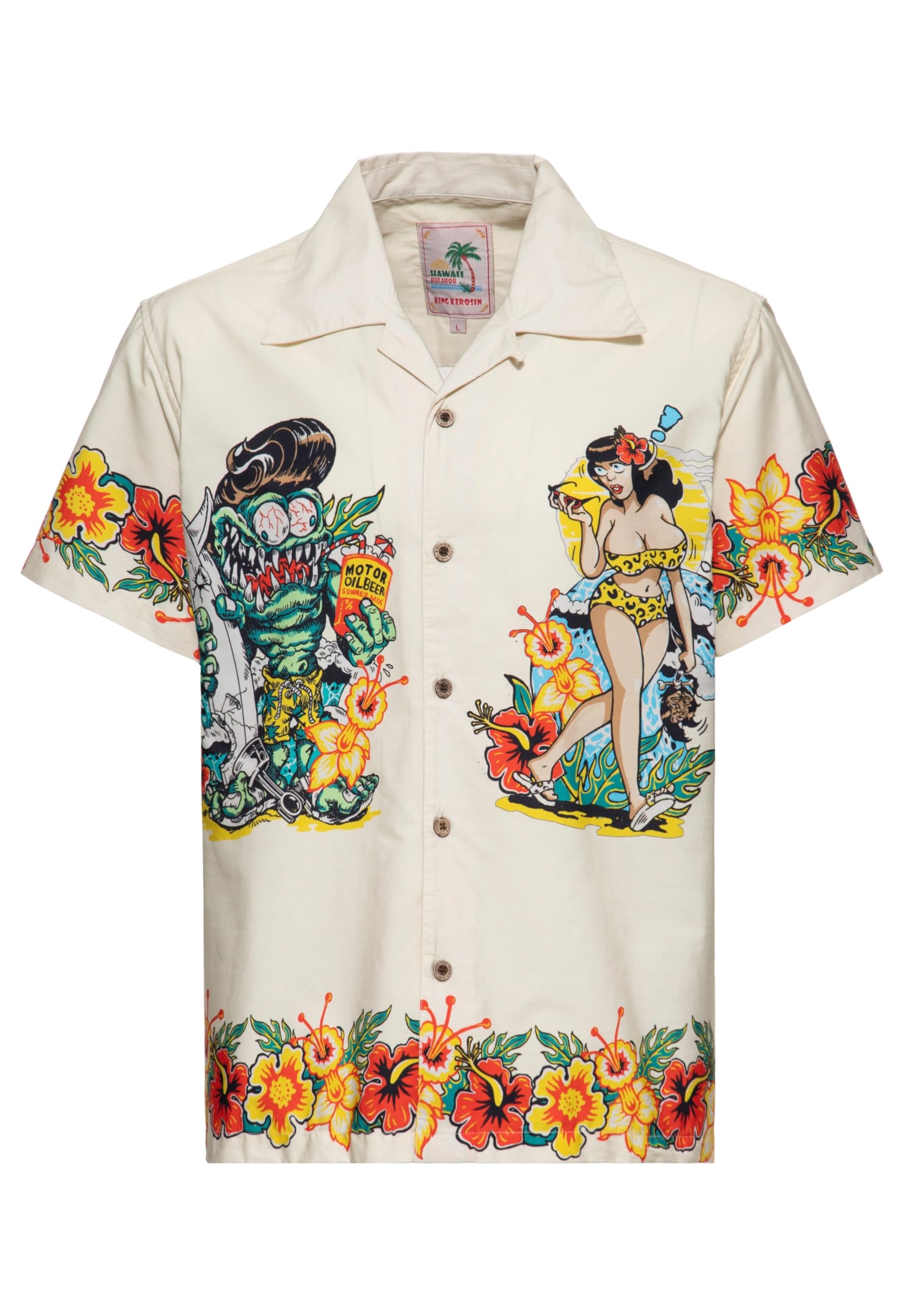 King Kerosin Herren Hawaii · Hemd · Kurzarm · Hawaiian Shirt · Artwork · Cartoon · Print · Monster · Surfer · Vintage · Retro · 50s · Rockabilly · Bio Baumwolle · I Make My Dreams Come True