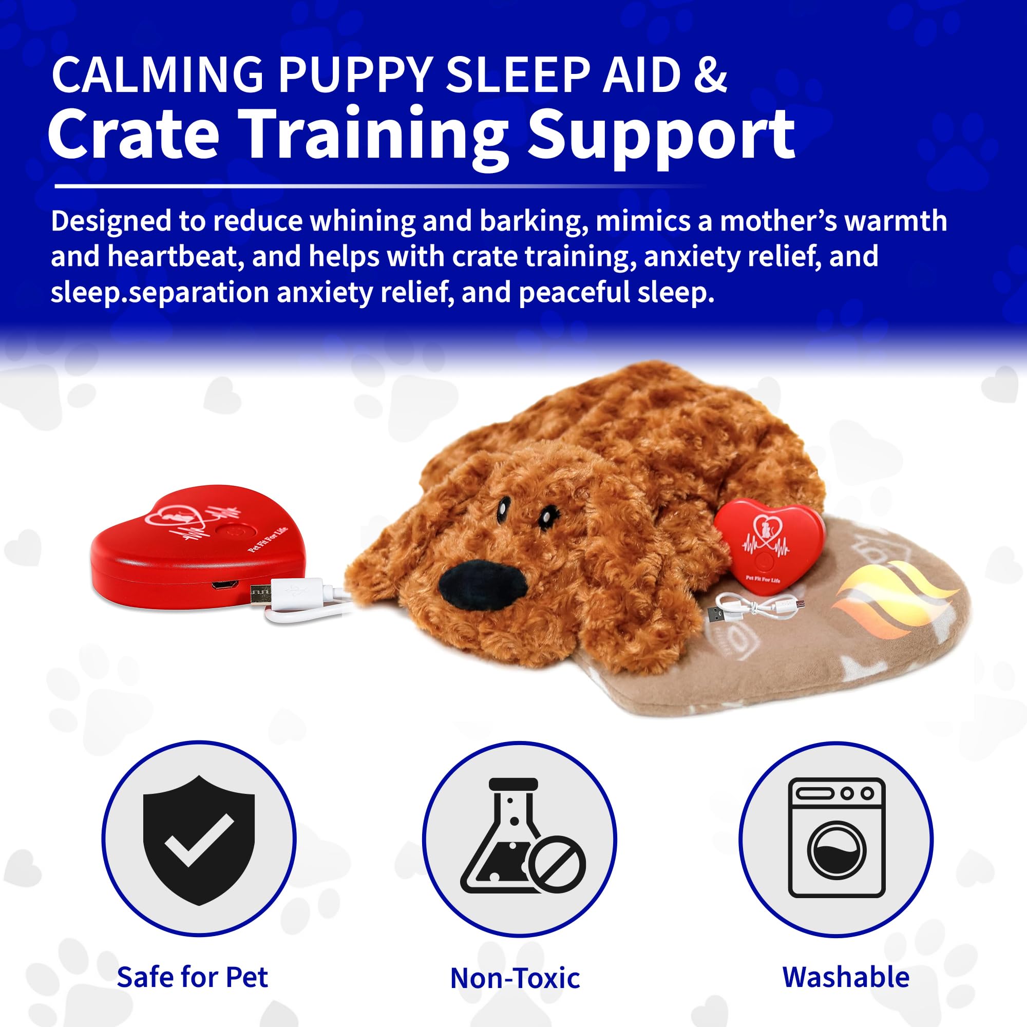 Pet Fit For Life Heartbeat - Juguete para perros con calor para calmar la ansiedad, ayuda para dormir para cachorros con simulador de latido cardíaco recargable por USB e inserto de almohadilla de
