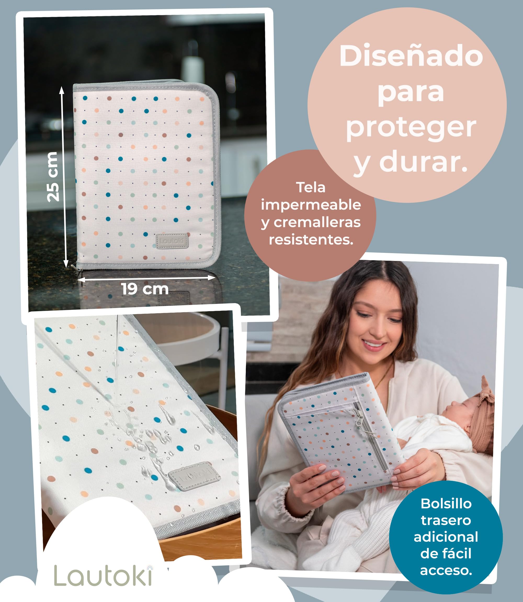 Portadocumentos Bebé Impermeable con Cremallera - Funda para Cartilla Sanitaria y Documentos del Bebé - 8 Compartimentos - 25 x 19,5 x 3 cm - LAUTOKI®