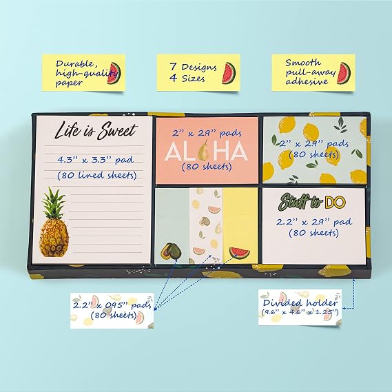 Better Office Products Sticky Note Box Set Variety Pack 560 Pieces in Total 7 Designs & Sizes Split Holder Fun Fruit Aloha Pineapple Lemon Design