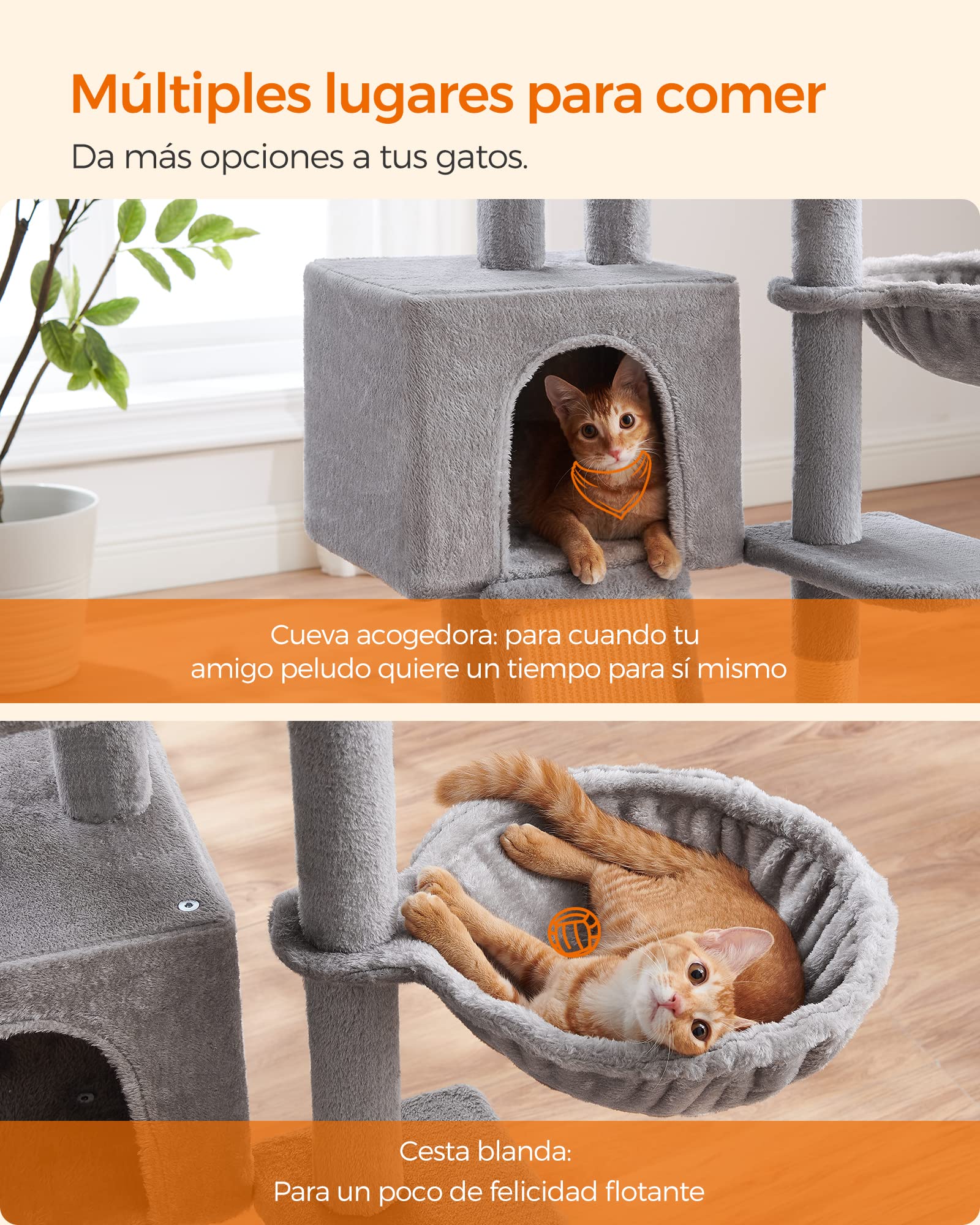 FEANDREA Árbol para Gatos Pequeños, 135 cm, Condominio para Gatos de Felpa de Varios Niveles, con Cubierta de Plataforma Extraíble y Lavable, Rascador, Cesta, Cueva, Gris Claro