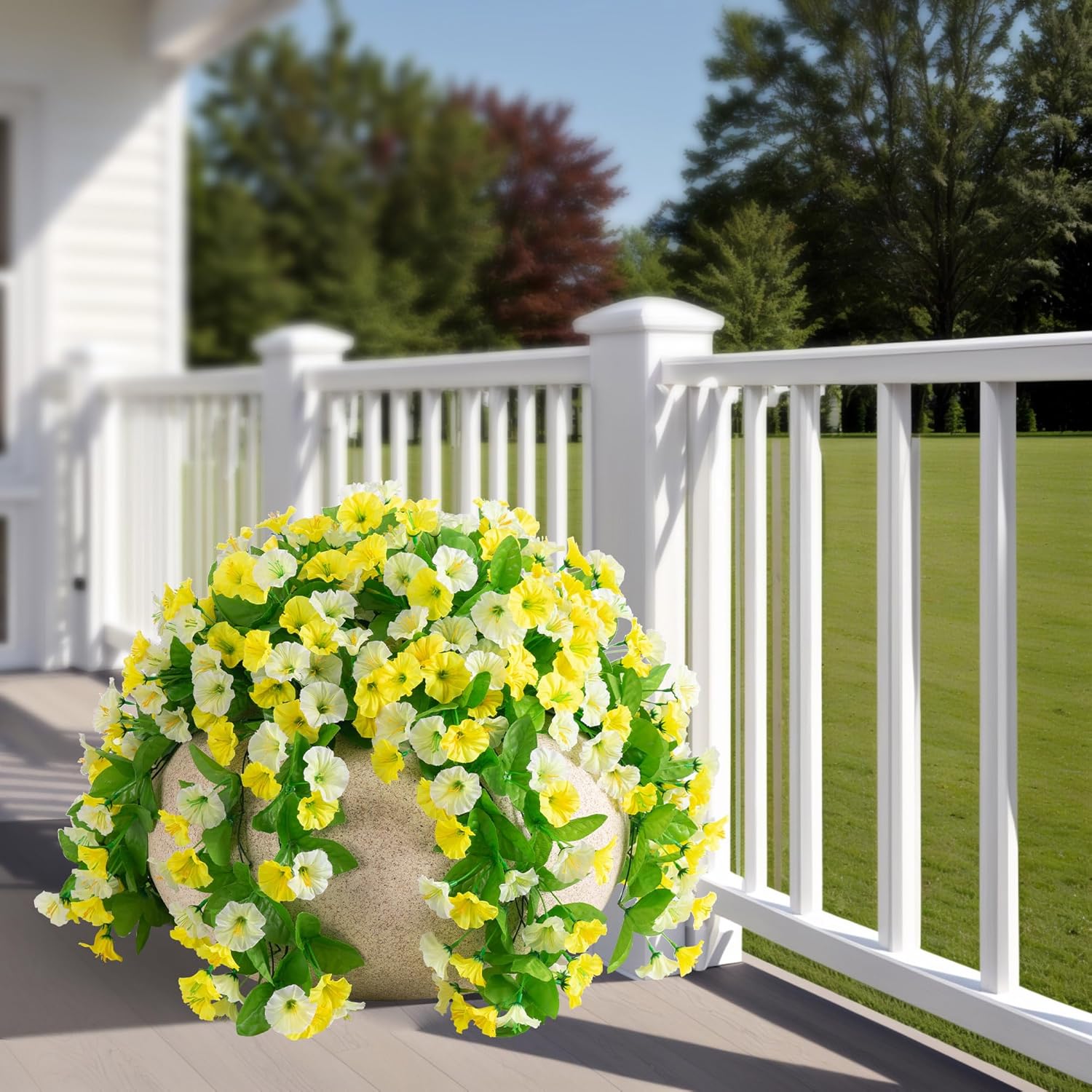 Artificial Flowers with Hanging Basket, Outdoor Faux Plants Silk Morning Glory Vines, Fake Green Arrangement for Garden Patio Spring Summer Decor(4pcs,Yellow White)