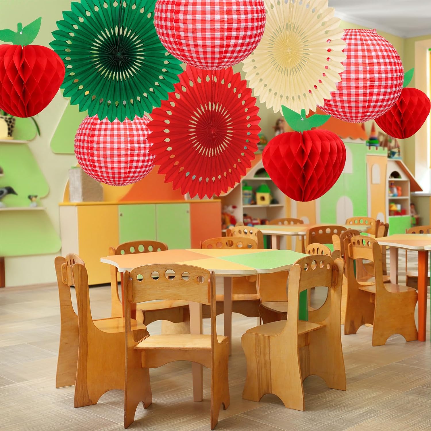 FYSUIMU Back to School Decorations Hanging Apples Lanterns Set Classroom Ceiling Hanging Decor Apples Honeycomb Hanging Paper Lanterns Tissue Paper Fans for First Day of School Party, 9Pcs