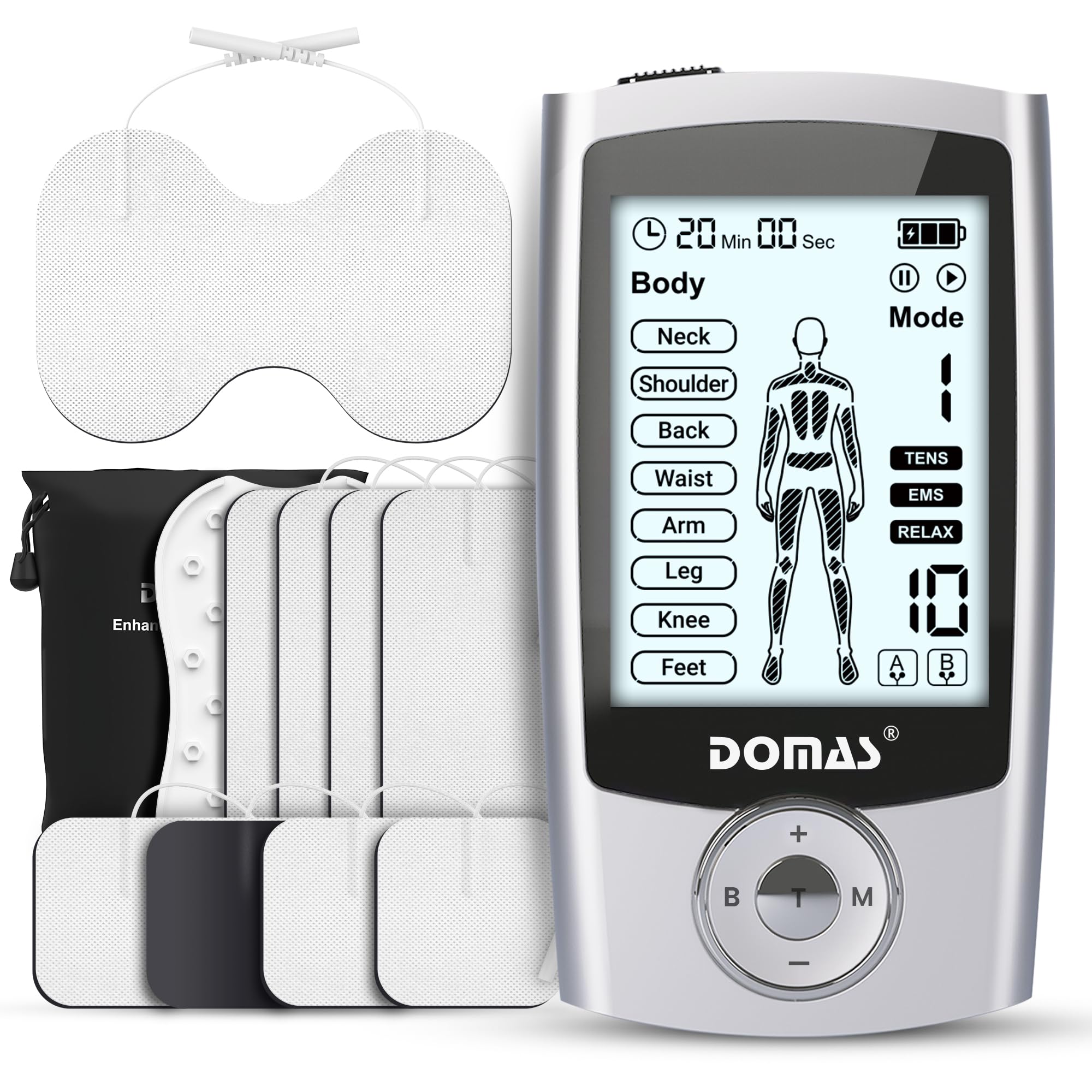 DOMAS TENS Unit with 4"x6" Butterfly Pad for Lower Back Pain Relief, 8 Guided Body Programs, USB-C Rechargeable, Dual Channel