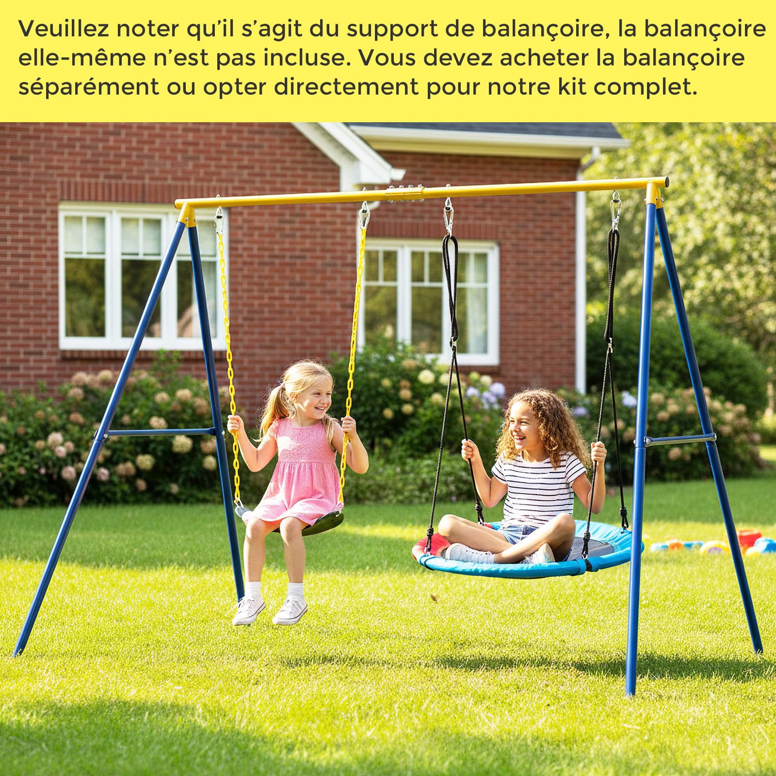 RELAX4LIFE Portique Balançoire Extérieur en Métal, Cadre de Balançoire Enfant en Forme A avec 4 Piquets de Terre, 4 Mousqueton, Deux sur la Balançoire Charge 300 KG pour Enfants 3 Ans+ (Jaune+Bleu)