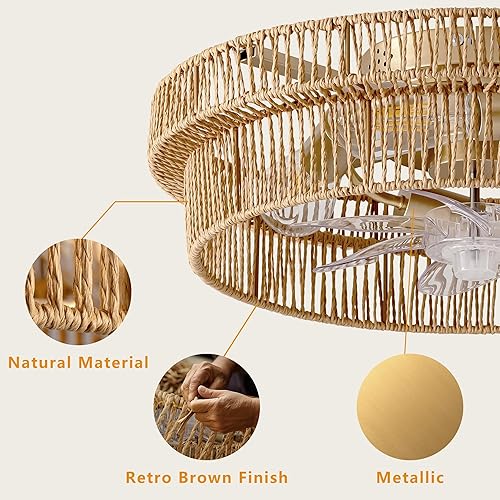 Miniatura 7 de Ventilador de techo bohemio de ratán con montaje empotrado, ventiladores de techo enjaulados de 20 pulgadas con luz y control remoto, perfil bajo