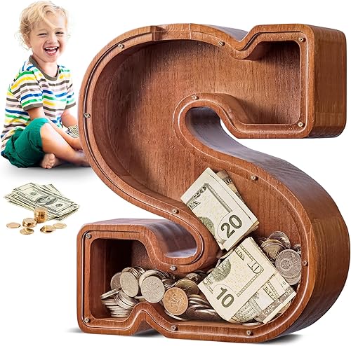 SummiDate Alcancía de madera para niños y adultos, letras del alfabeto A-Z, para niños y niñas, monedas y billetes, con nombre inicial