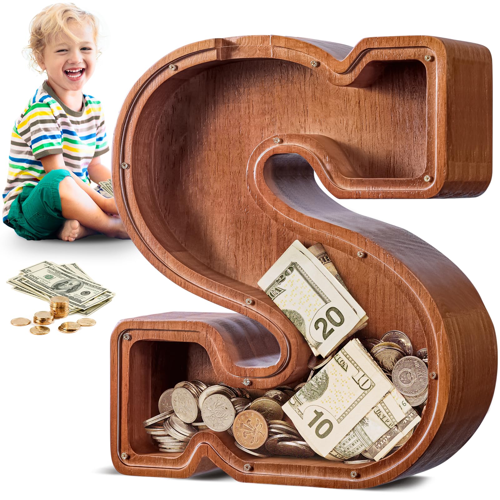 SummiDate 特大木製貯金箱 | 男の子 女の子 幼児 貯金箱 | アルファベット S マネーバンク | 子供用コインバンク |  子供への誕生日プレゼント|子供の日の贈り物 (12インチ - イニシャル-S)