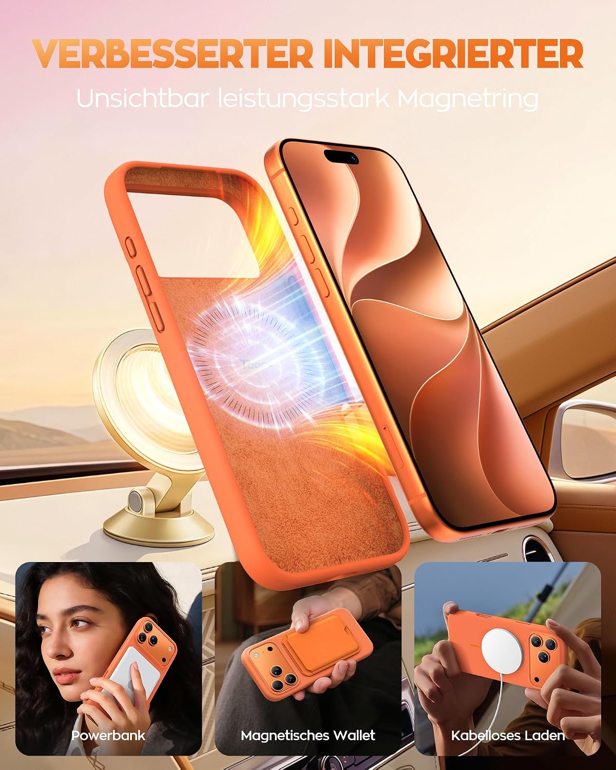 TOCOL für iPhone 17 Pro Max Hülle, Flüssig Silikon Magnethülle, Orange - Mise en situation et utilisation