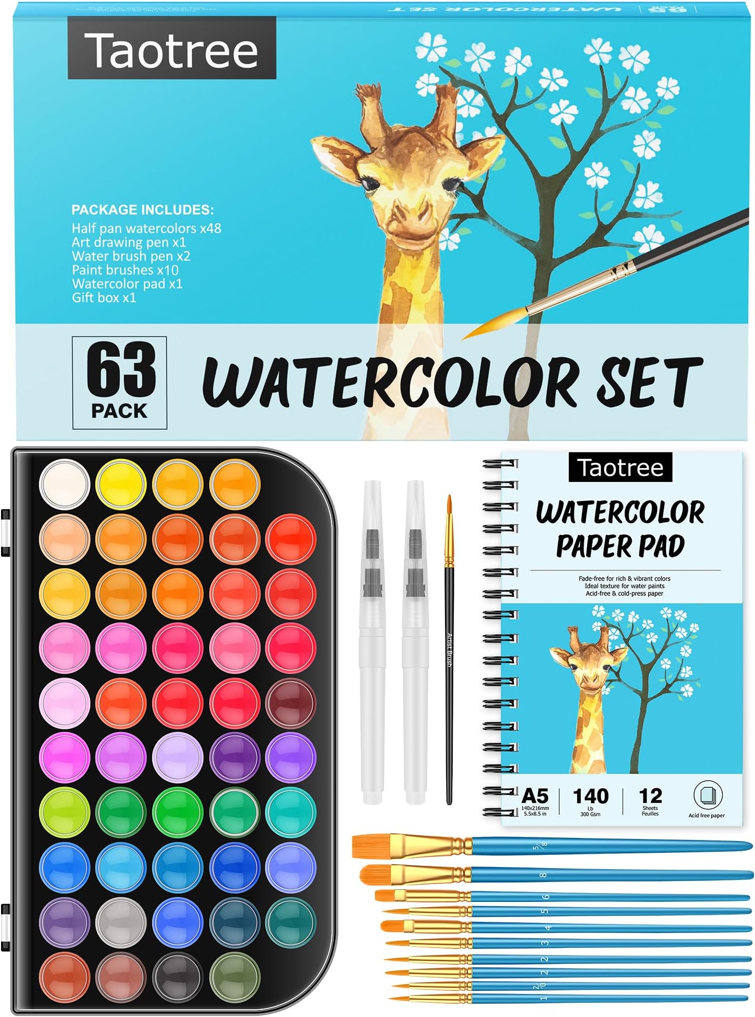 TaotreeWatercolor Paint Set, 48-Color Watercolors Cake & a Brush a Refillable Water Brush Pens