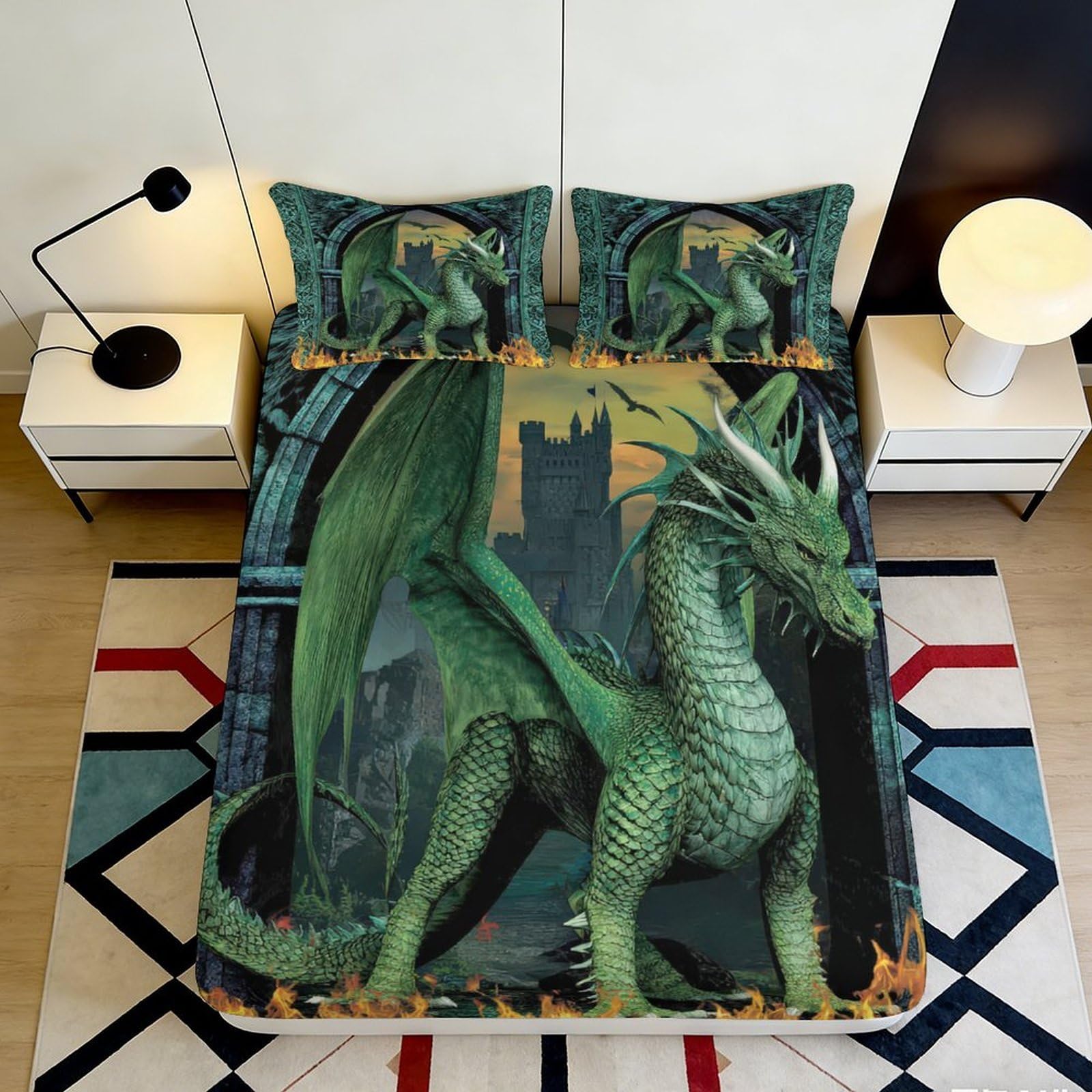 3D Printed Green Dragon Fitted Sheet Microfiber Soft Breathable Castle Fantasy Mattress Cover for Bedroom Dorm Decor 90x200x25cm