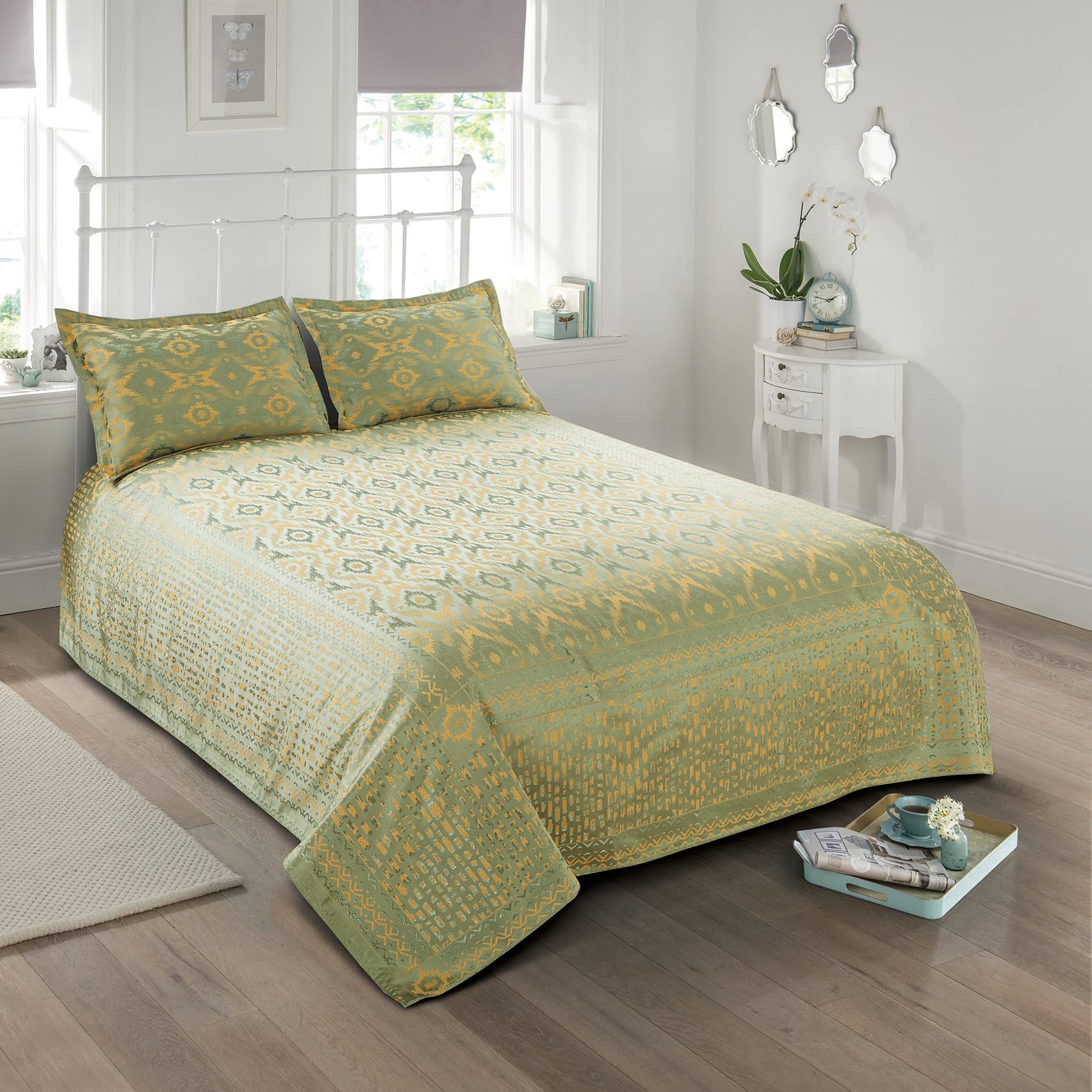 VictorPoly Cotton Styria Satin Bedcover for Double Bed/Luxury Damask Geometrical Extra Soft Bed Spread, Exclusive for Wedding (Bed Cover - 90" X 100", 2 Pillow Covers - 18" X 27"), Pista