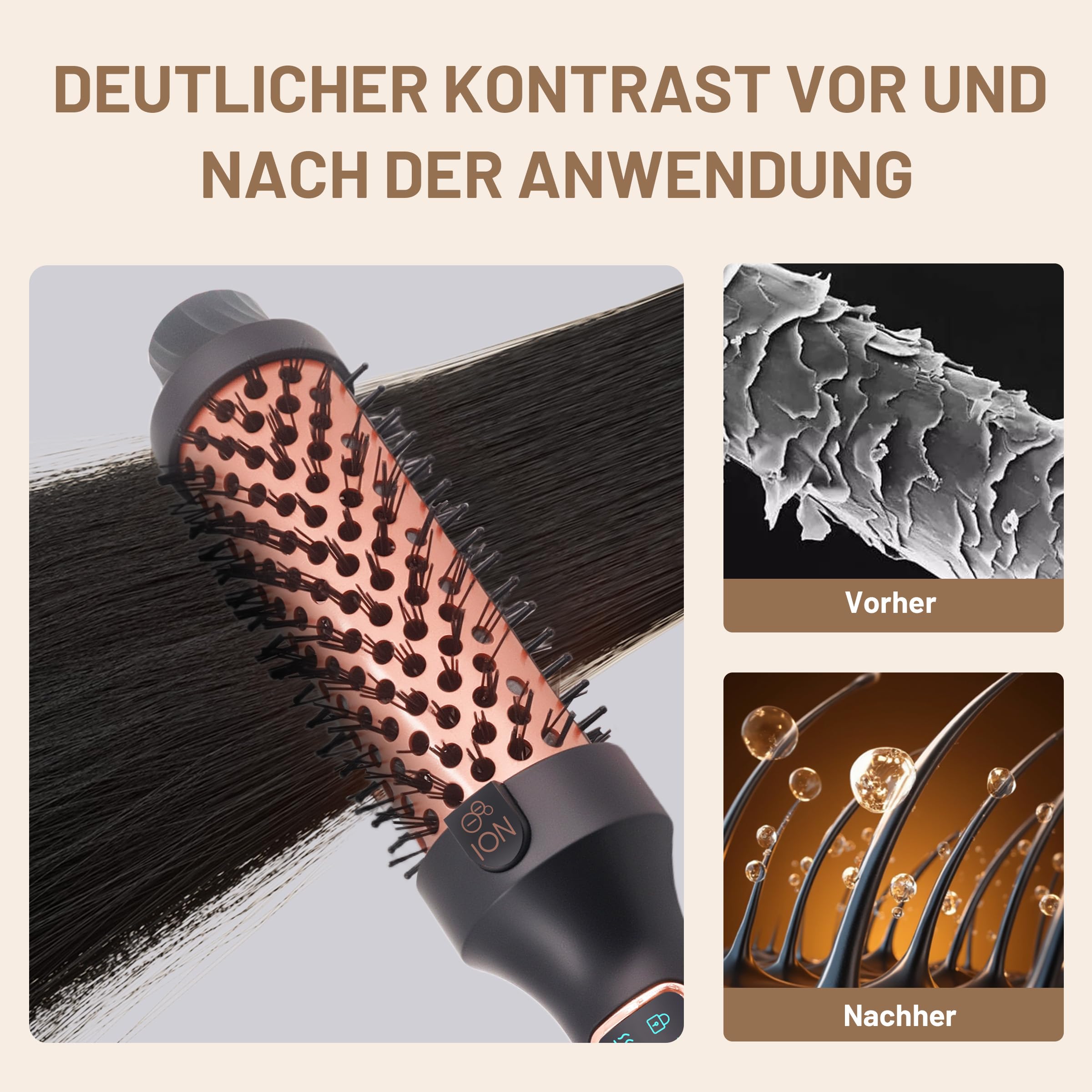 Cepillo térmico - Cepillo caliente lónico para rizos naturales y cabello brillante, 3 niveles de temperatura, calor suave, doble tensión para rizos y suavidad