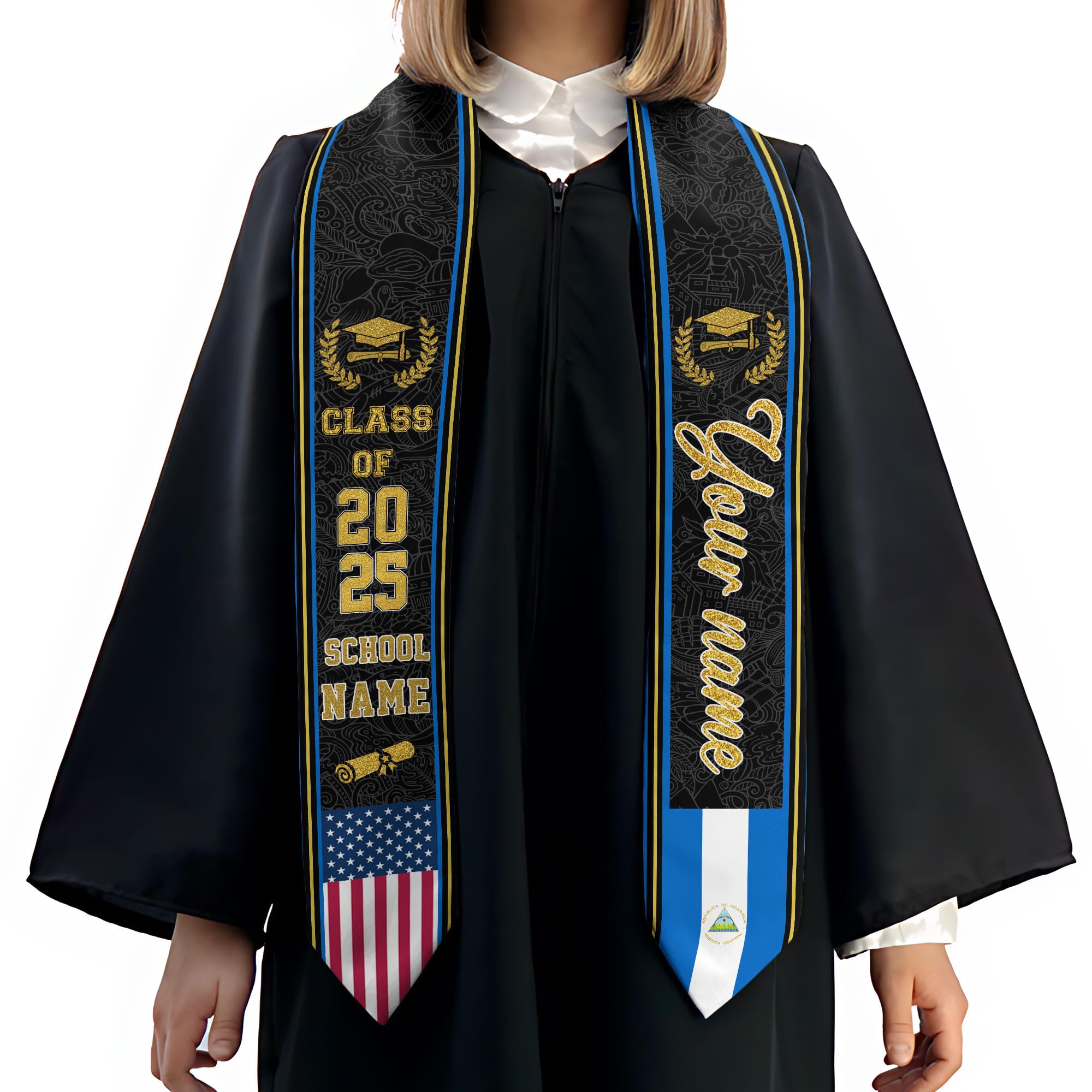 MonkeyVan Personalized Nicaragua Graduation Stole,Custom Nicaraguan Flag Graduation Sash,Nicaragua Stole Class of 2025 Sash S15
