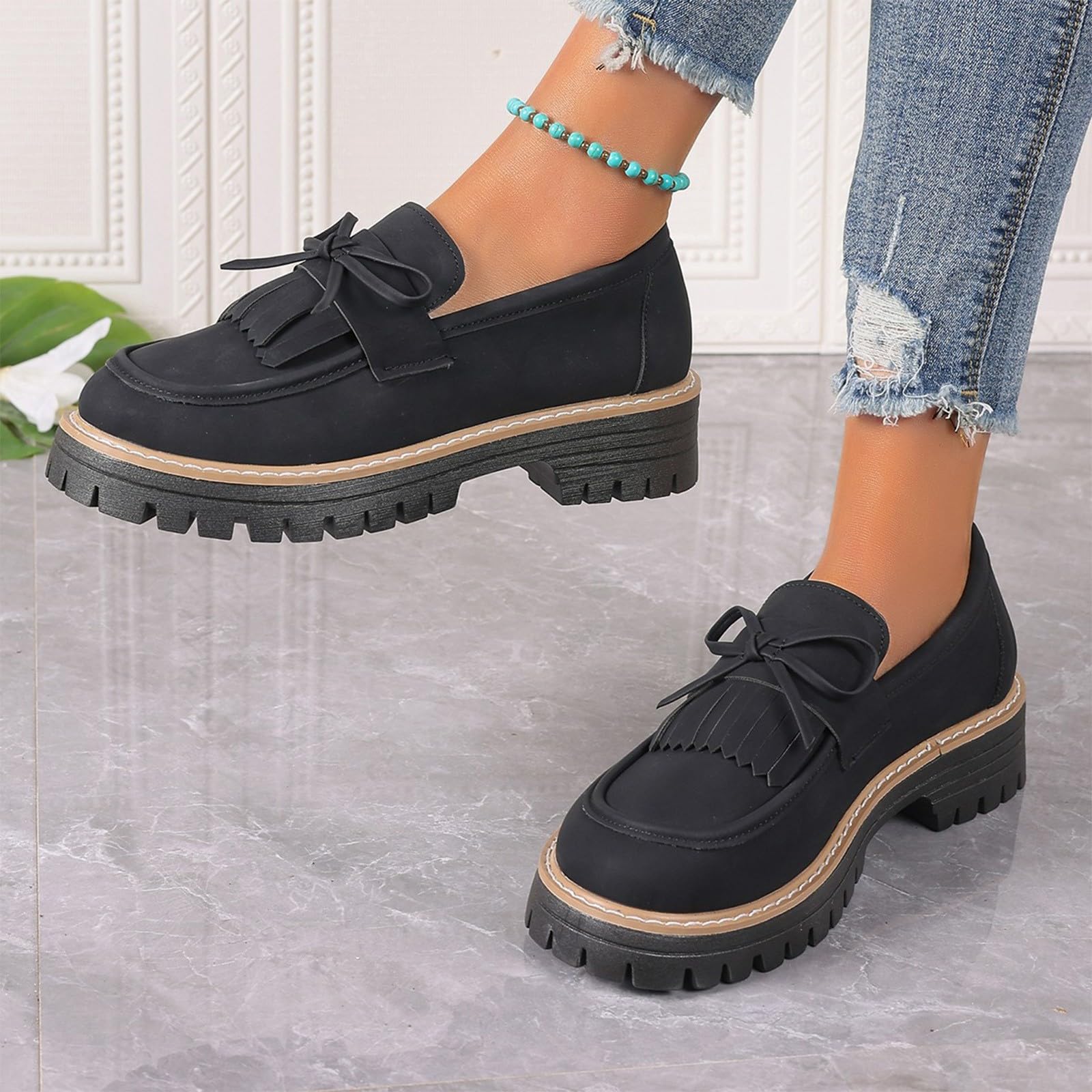 Zapatos de verano casuales con detalle de borla y lazo, tacón bajo, sin cordones, calzado cómodo para caminar para salidas diarias