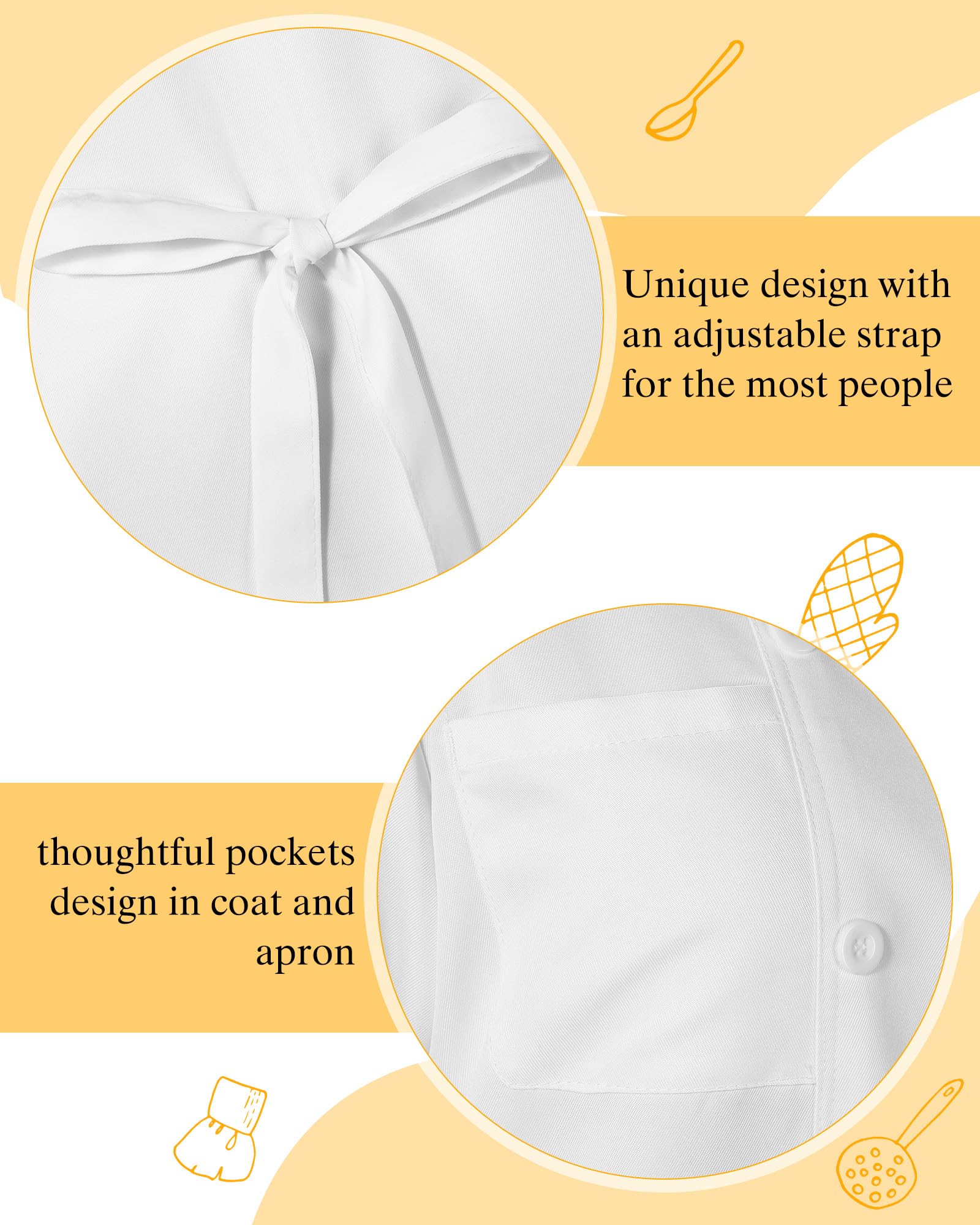 Hillban Juego de 3 piezas de abrigo de chef unisex para mujer, uniforme alto, sombrero, disfraz, camisa, delantal de bistró