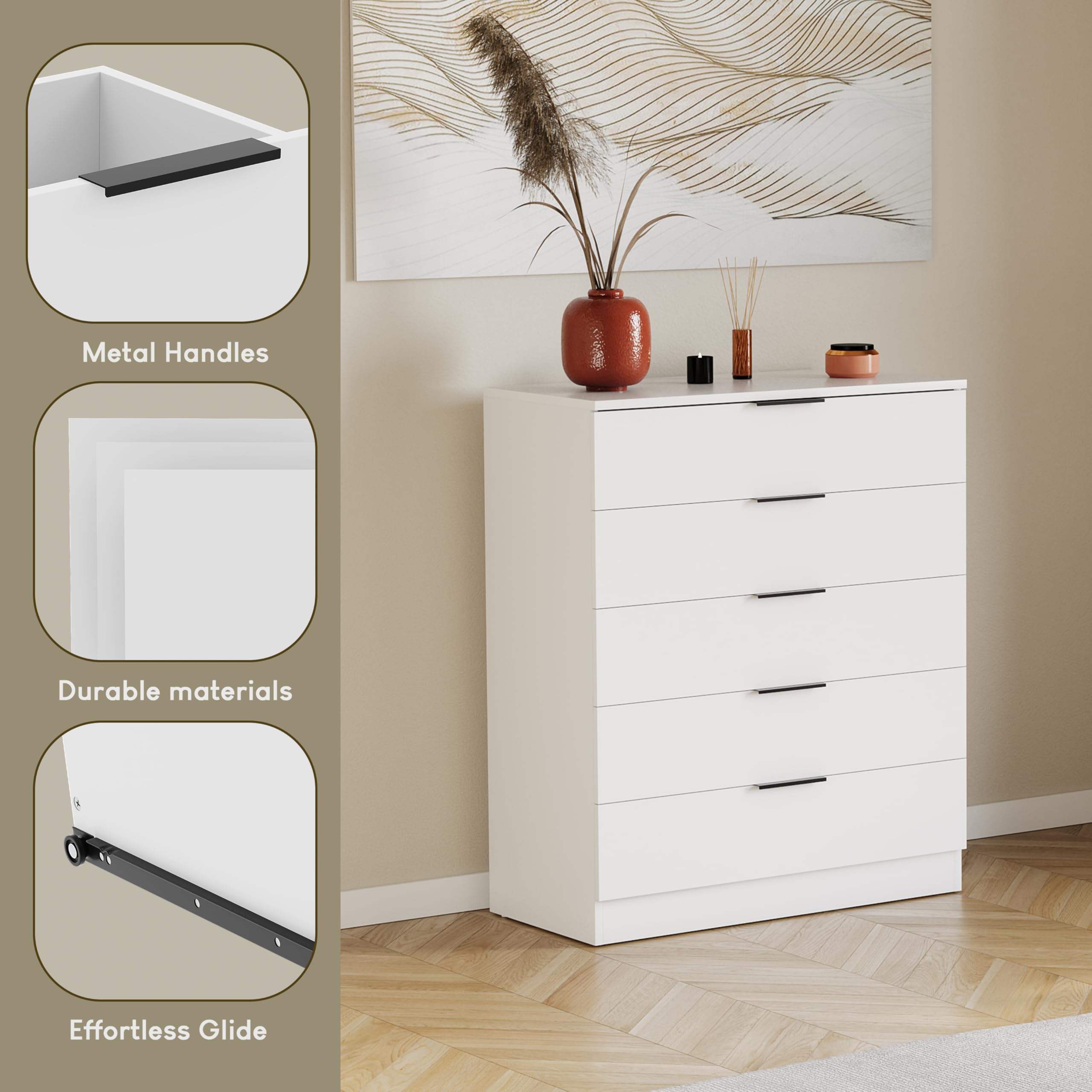 Vida Designs Trega Kommode mit 5 Schubladen | Weiß | 90 H x 66 B x 36 T cm | Platzsparende Stauraumeinheit | Schubladenstütze gegen Durchbiegen | Minimalistische | Leichtgängige Schubladenführungen