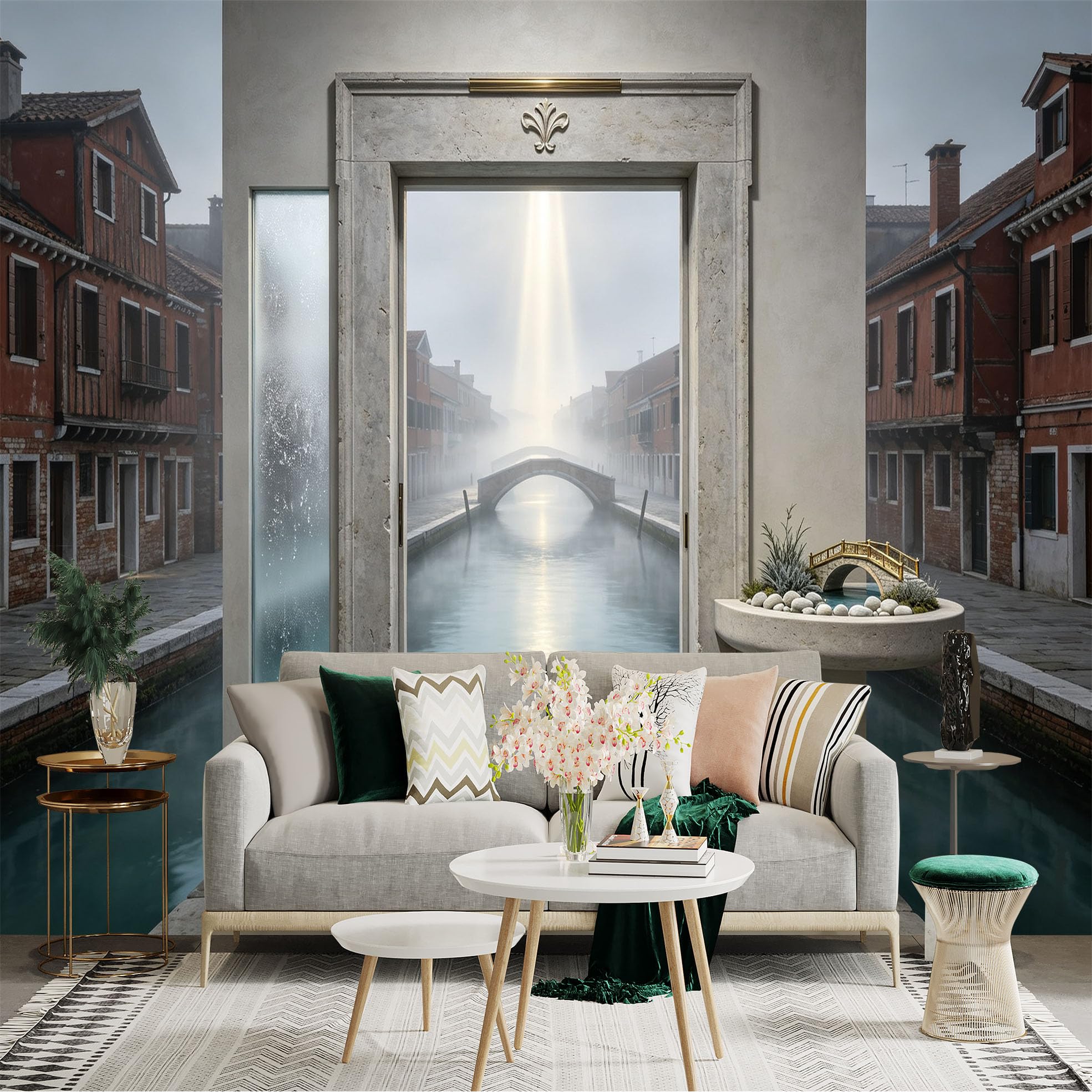 Custom Size Wall Sticker Mural， Misty Canal with Stone Bridge and Old Town Scenery， for wall Decoration， peelandstick wall Decals.
