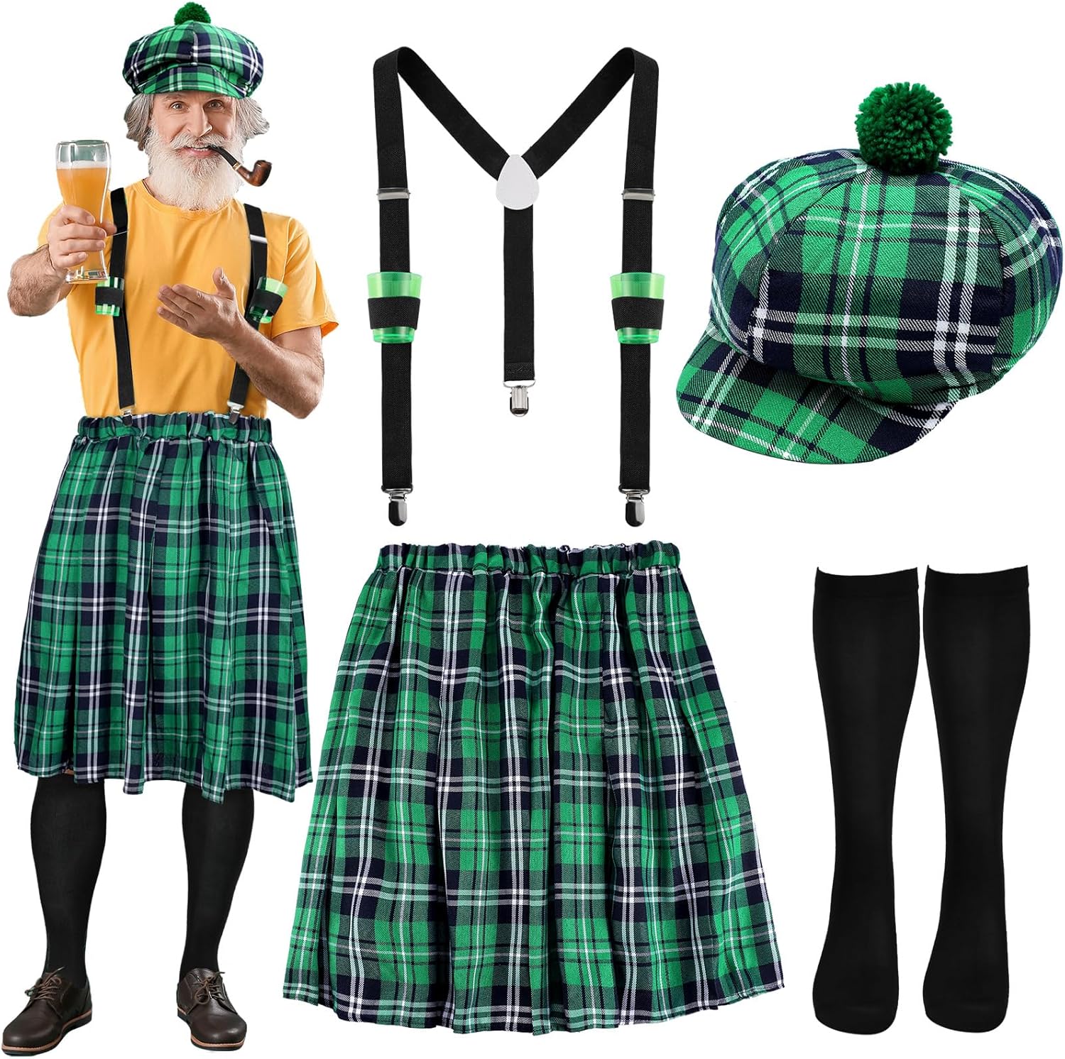 Pasimy St Patrick's Day Costumes Kit Include Adult Irish Plaid Green Kilt Suspenders with Cups Hat Sock for Men Women