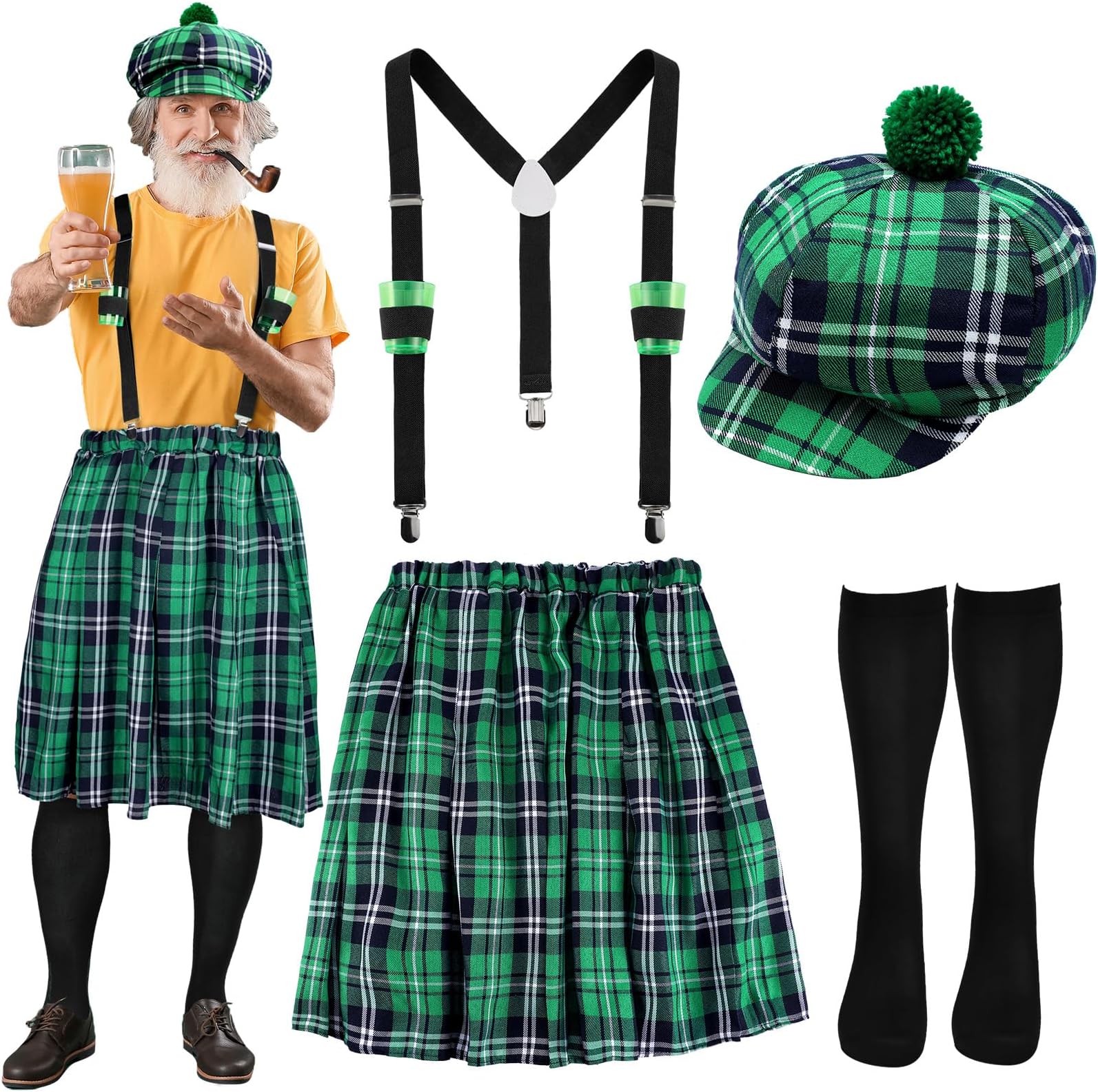 St Patrick's Day Costumes Kit Include Adult Irish Plaid Green Kilt Suspenders with Cups Hat Sock for Men Women